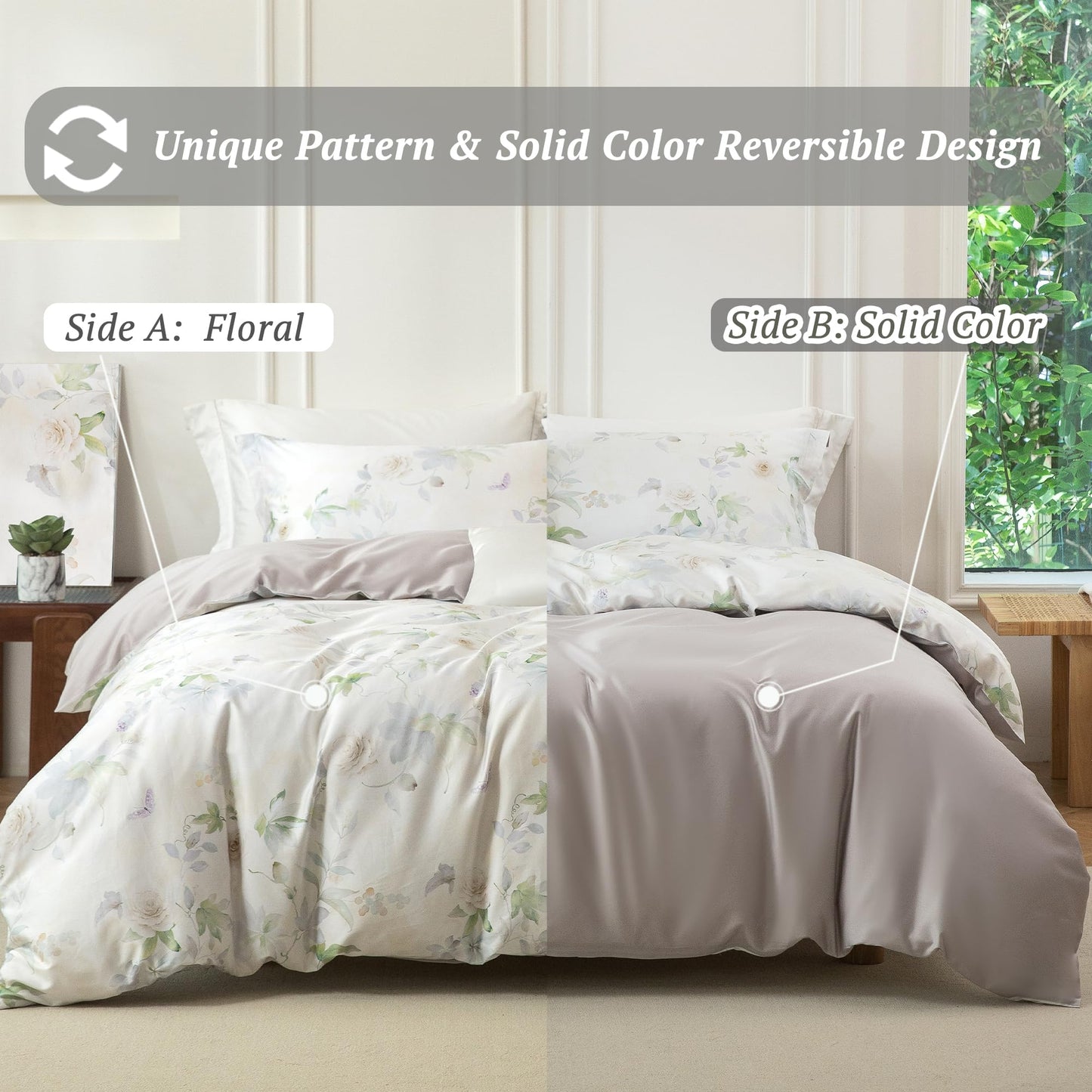 MILDLY Queen Duvet Cover Set - 100% Long-Staple Cotton Beige Floral Patten Reversible Comforter Cover - 3Pcs Soft Breathable Luxury Bedding for All Season