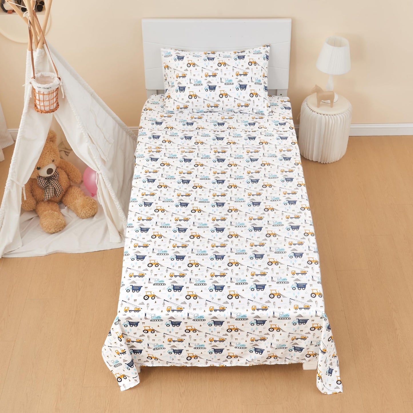 lasoftan Kids Sheet Set Twin Size 3 Pcs, Boys Sheet Set with Blue Excavator Car Pattern，Kids Boys Twin Fitted Sheet，Breathable & Silky Soft Microfiber Fitted Sheet