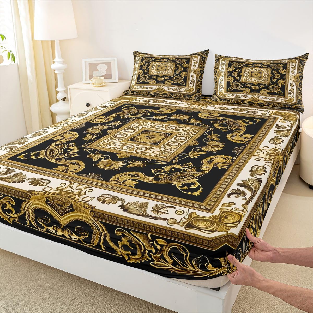Erosebridal Boho Chic Floral Bed Sheets Set Full Hippie Paisley Sheet Set Vintage Boho Sheets Golden Black Flat Fitted Sheet