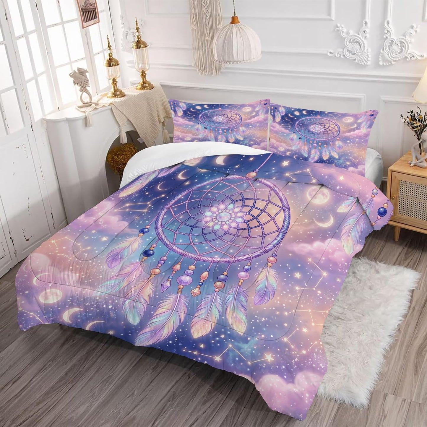 DJNEAR Purple Dream Catcher Comforter Set, Boho Galaxy Star Moon Print Bedding Set Twin Size for Kids Boys Girls Teens, Soft Microfiber Room Decor 1 Comforter 1 Pillowcase
