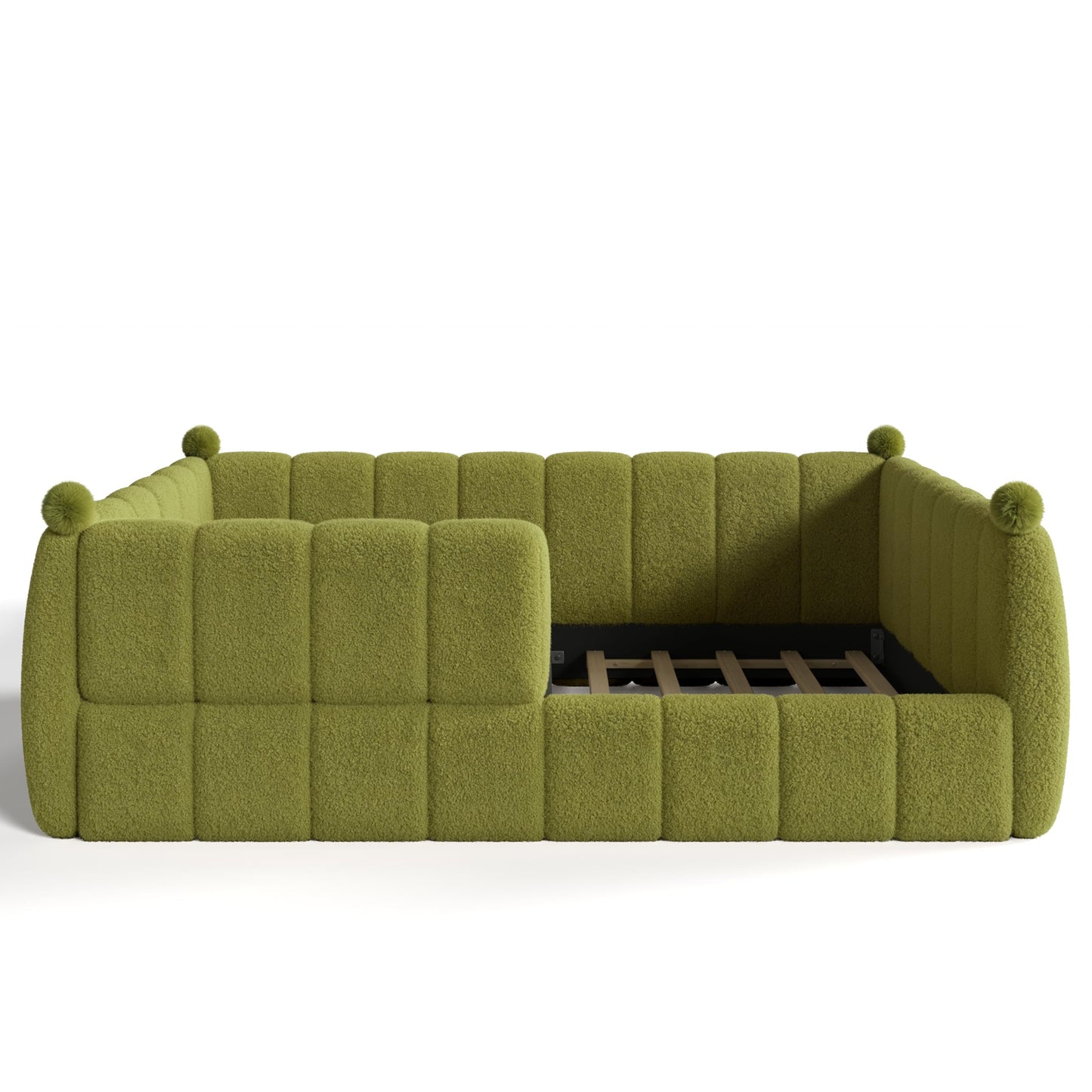Bellemave Queen Size Teddy Fleece Upholstered Montessori Floor Bed with Fence,Low Profile Kids Bed Frame with Full Padded Safety Guardrails, No Box Spring Needed for Boys and Girls,Green