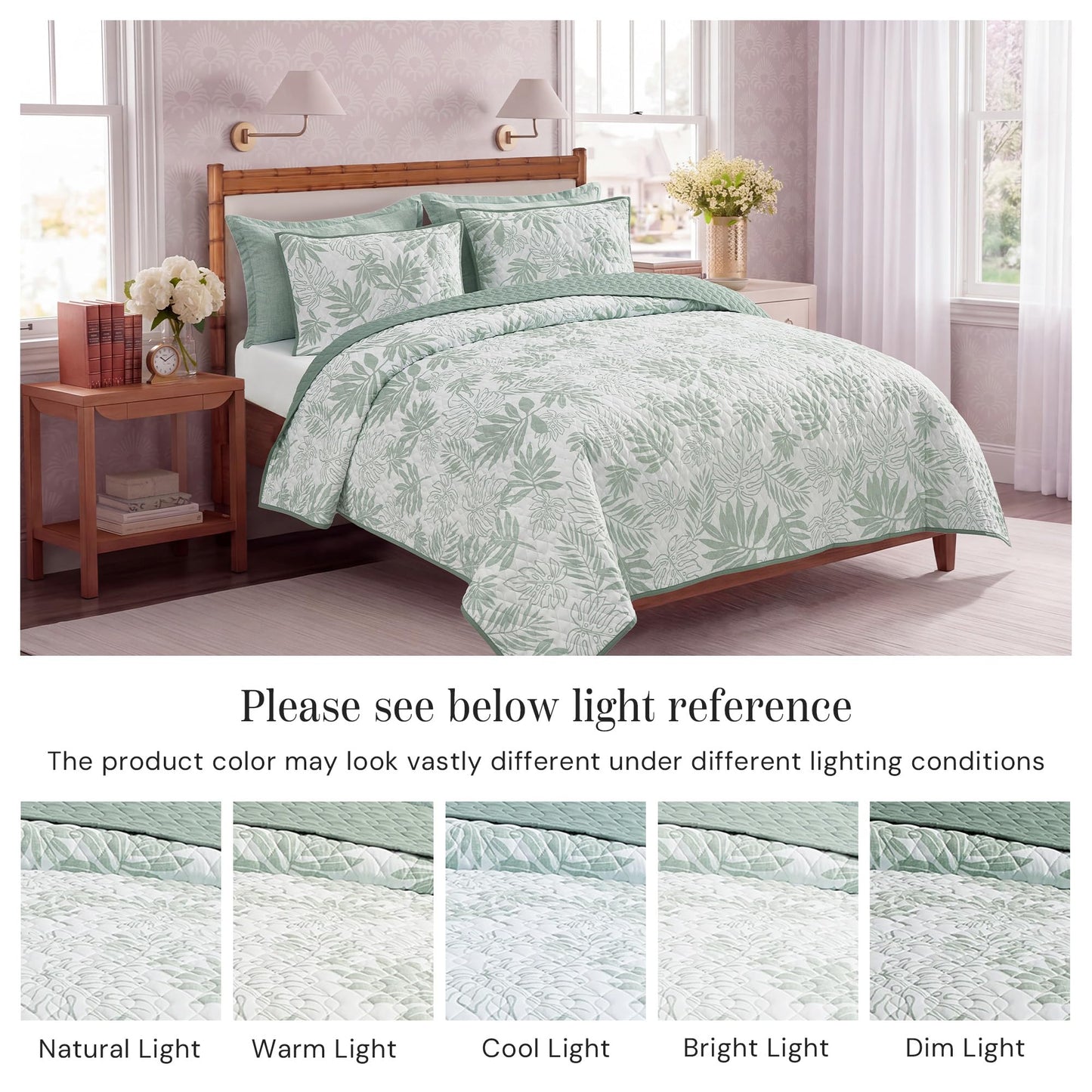 BLOOMHAVEN Quilt Set Queen Size, Storn Grey Tropical Quilt Sets, Reversible Bedspread Lightweight and Breathable for All Seasons, Soft Quilted Bedspread with 2 Pillow Shams