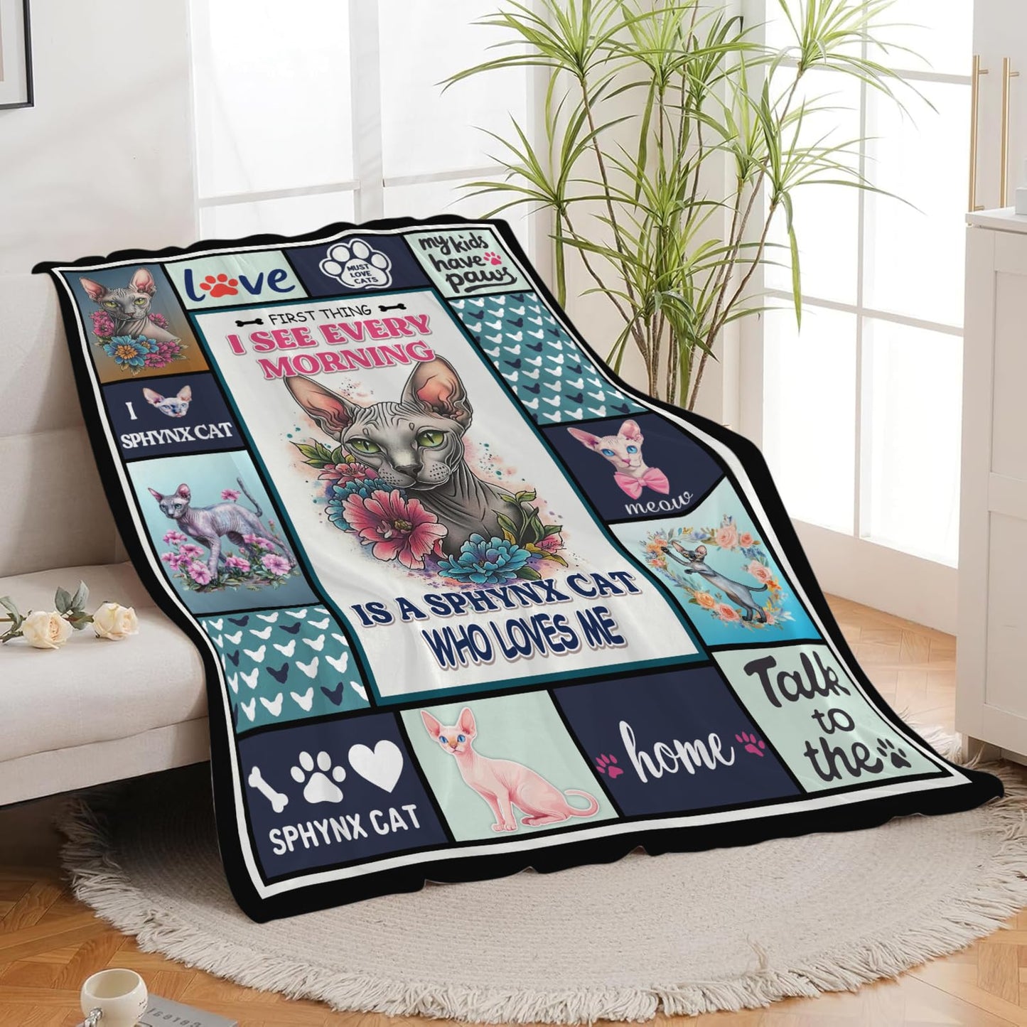 Lovira Sphynx Cat Throw Blanket Hairless Cat Print Throw Blankets Gifts for Couch Sofa Bed Stuff Decor Soft Cozy Fleece Plush Warm Flannel Bedding for Lover Men Women Boys Girls 40"x50"