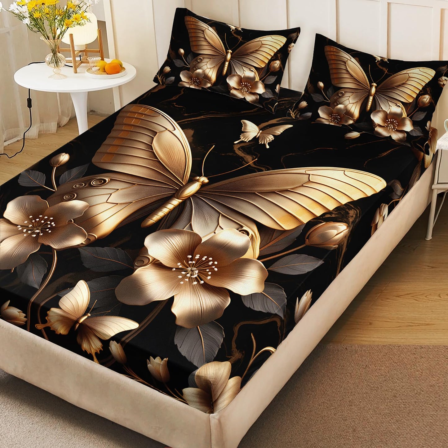 AILONEN Butterfly Bedding Set Queen Size, 3Pcs Golden Floral Butterfly Soft Bed Sheet Set for Girls Women,Beautiful Butterflies Fitted Sheet with 2 Pillowcases