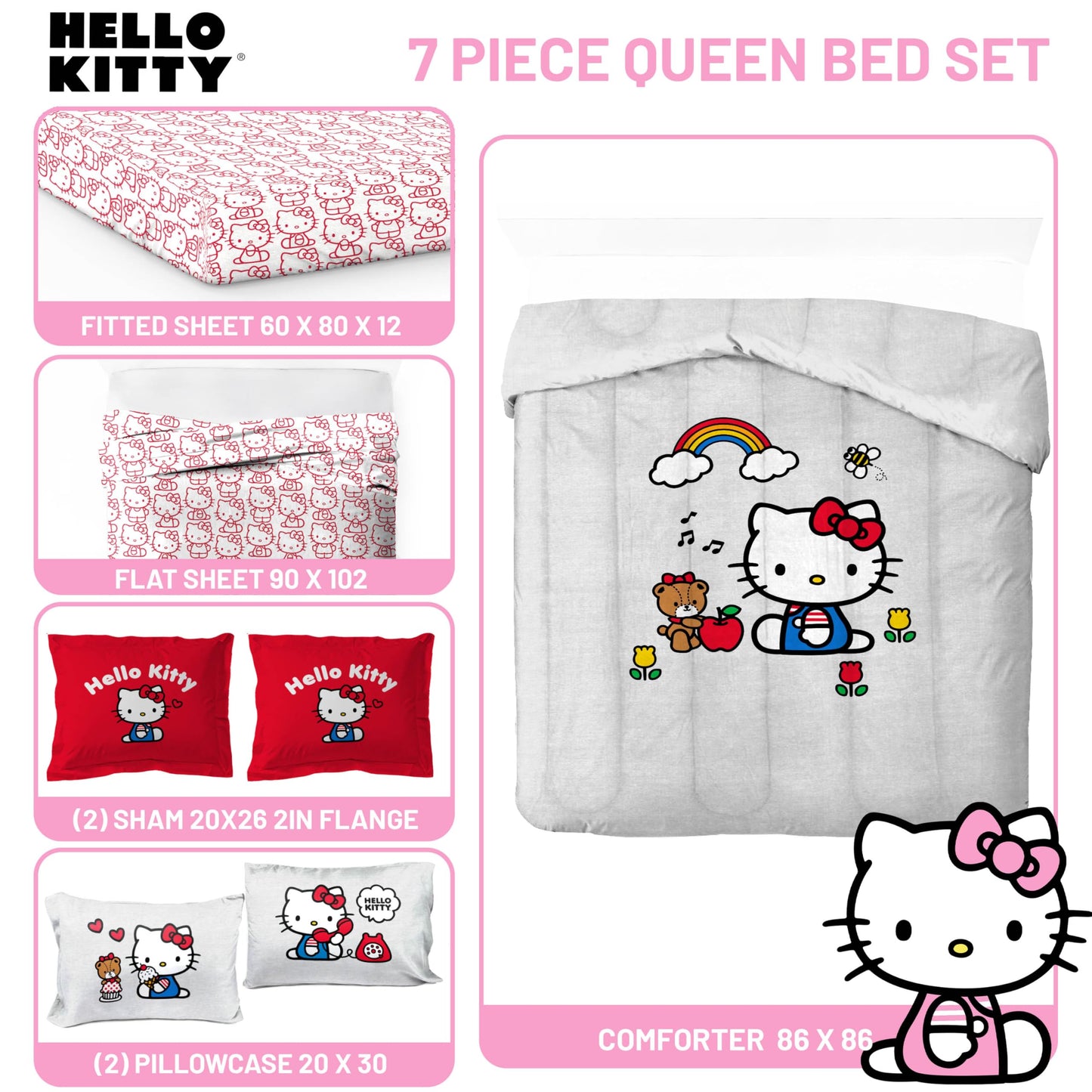 Jay Franco Sanrio Hello Kitty Queen Size Comforter Set - 7 Piece Red & Grey Bedding Includes Sheet Set & Pillow Covers - Super Soft Cozy Kawaii Bedding
