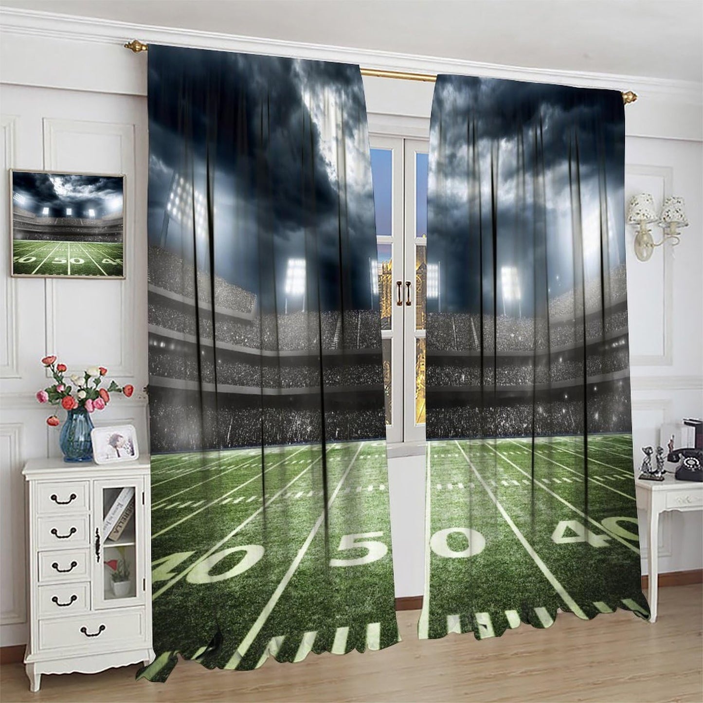 AAVEUP Boys Football Curtains,Sports American Sports Rugby Green Football Field Stadium Windows Treatments Rod Pocket Drapes for Kids Boys Teenager's Bedroom Living Room 42x45in（No Blackout）
