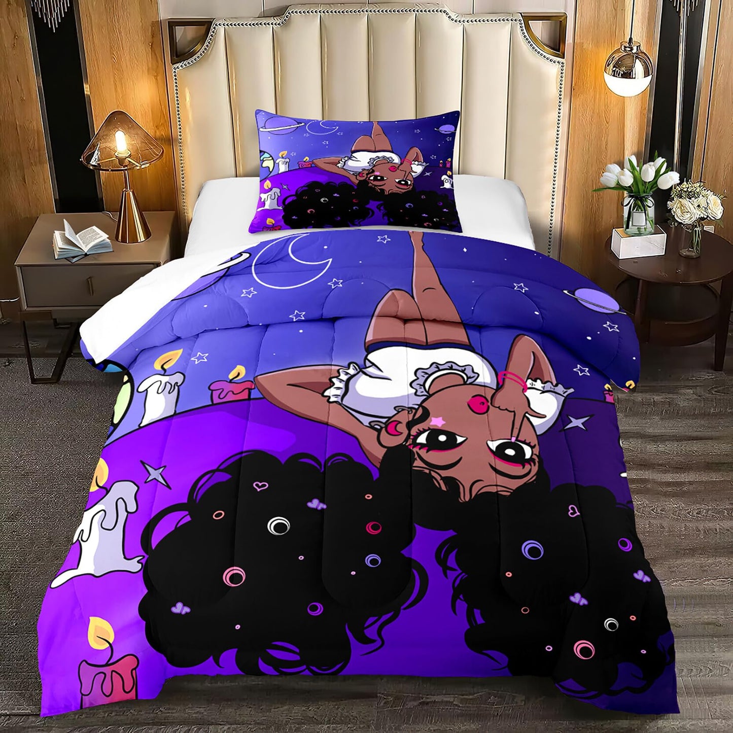 kodhyvj African American Comforter Sets, Black Girls Comforter Set Twin, Girls Bedroom Decor, Purple Black Bedding Set with 1 Comforters +1 Pillowcase