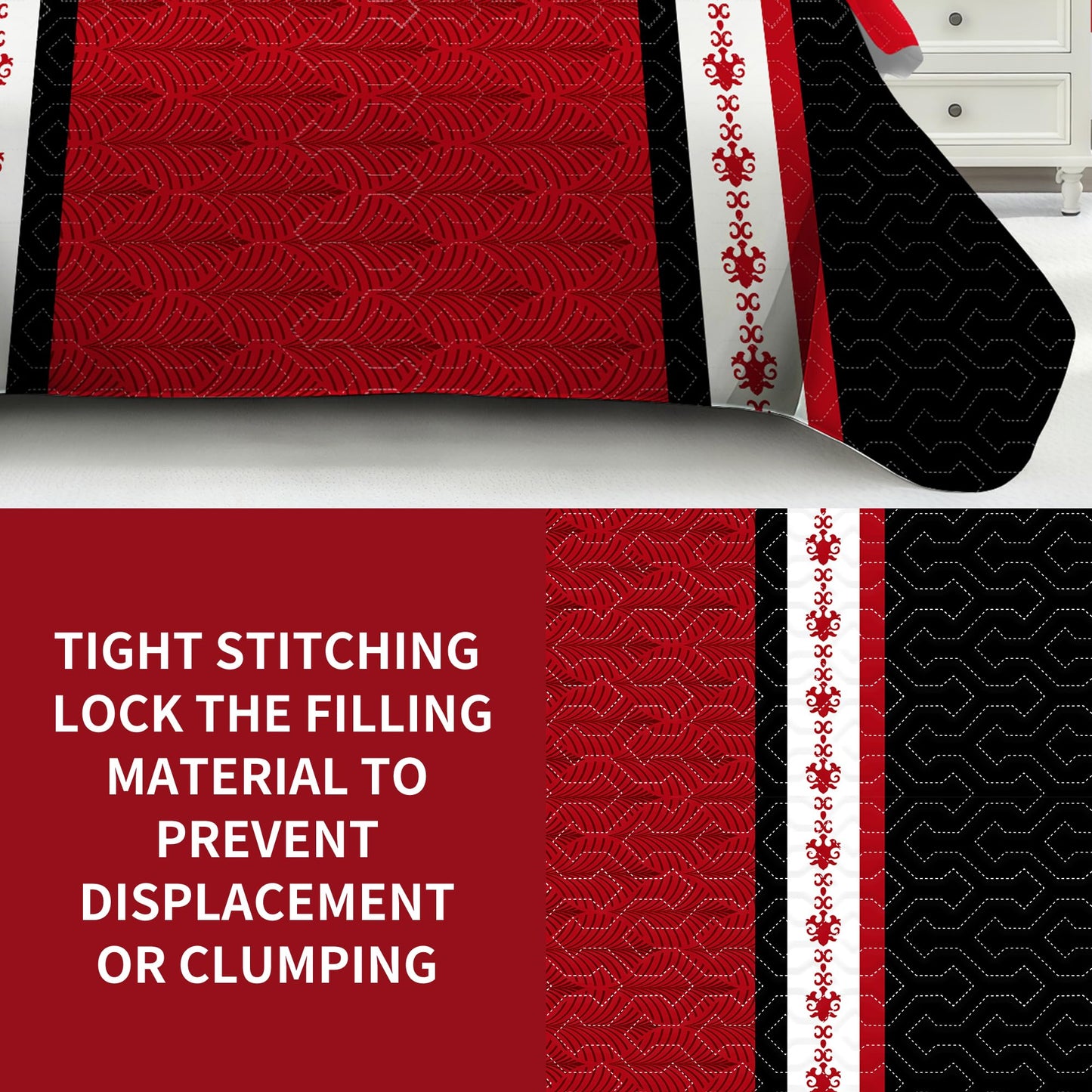Deepsleep Queen Bedspread Set 9 Pieces, All Season Luxury Bed in a Bag for Bedroom, with 2 Pillowcases and 6 Curtains, Microfiber for Complete Bedroom Decor, Black and Red Stripes