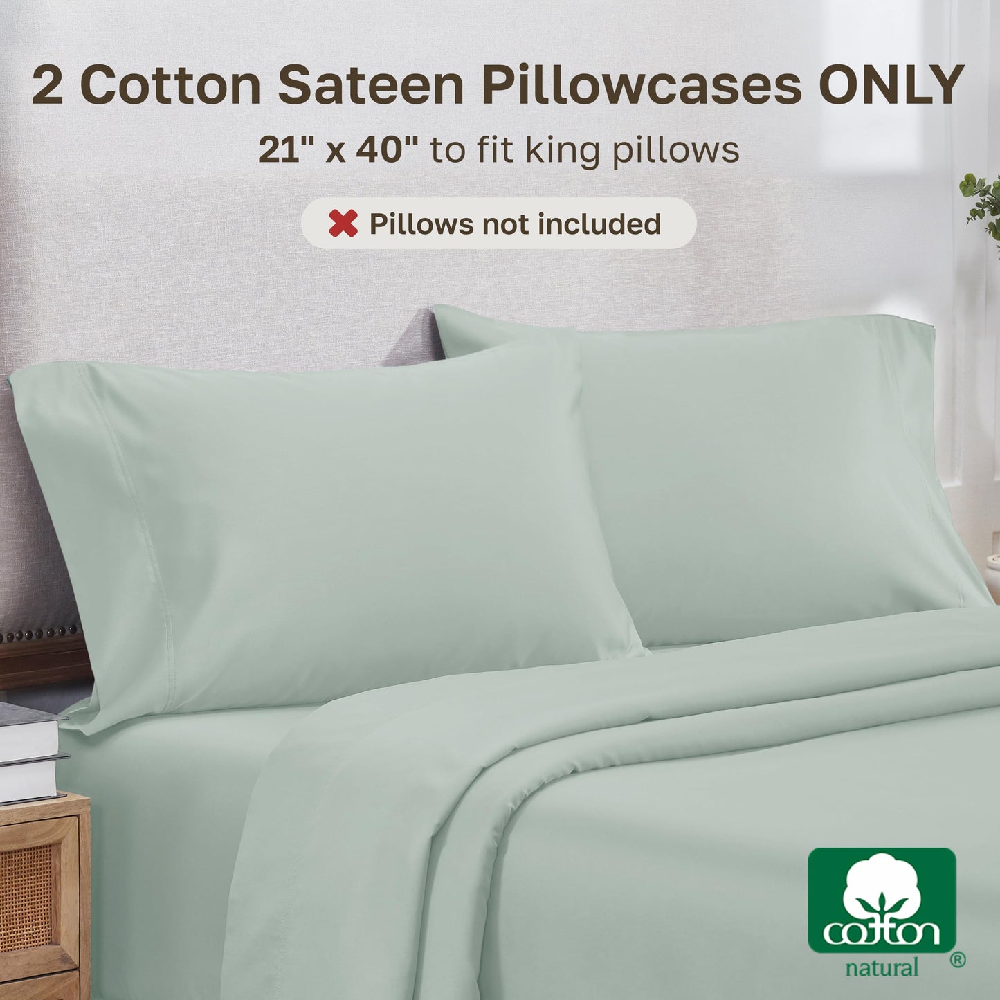 California Design Den Heirloom Soft, Smooth & Thick Certified 800 Thread Count 100% Cotton Sateen, 2 Pillow Cases King Size, Fits King Pillows (Soft Celadon)