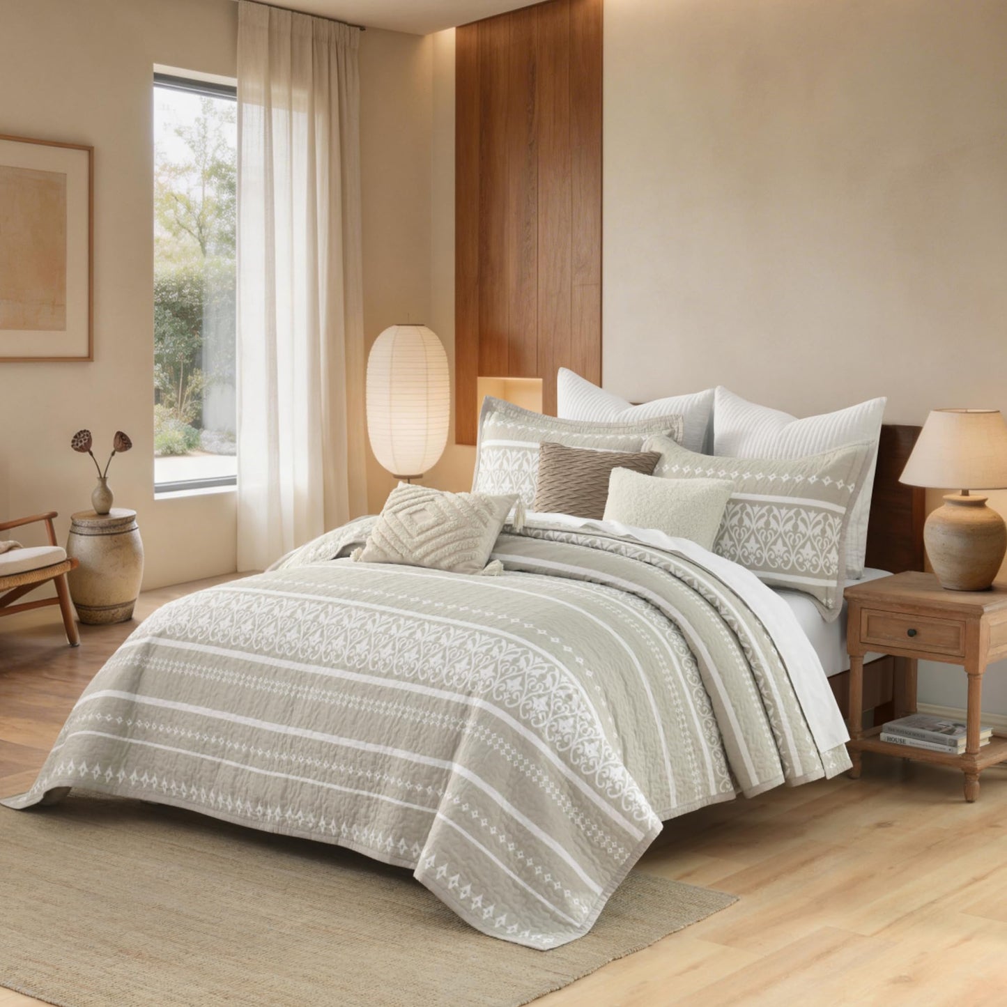 BCOTTOND King Quilt Set, 100% Cotton Boho Quilt King Size Bohemian Striped Pattern Bedspread King Lightweight Quilt Bedding Set Comforter Set All Season, 3 Piece, Beige Gray
