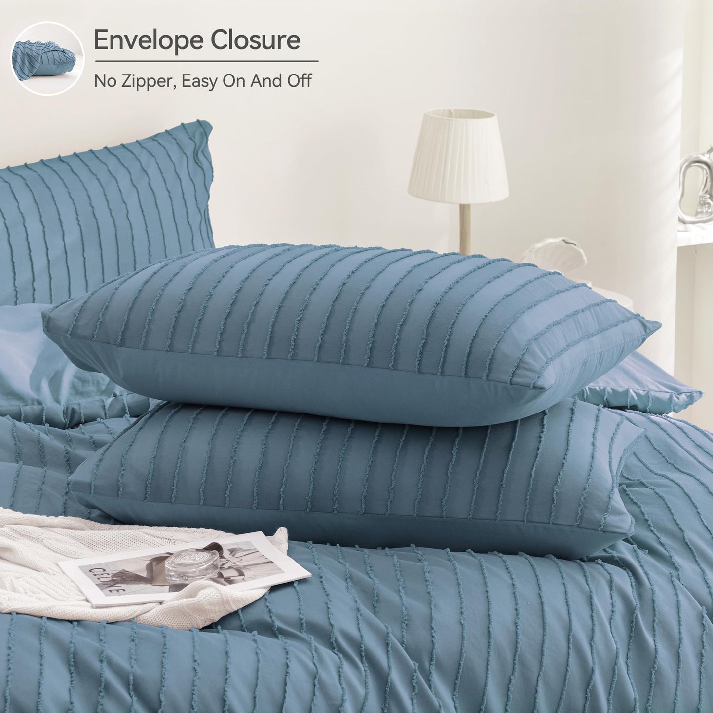 JELLYMONI Duvet Cover Full Size Blue - 3PCS Boho Striped Duvet Cover Set Polyester Tufted Bohemian Textured Comforter Cover with Corner Ties & Zipper Closure