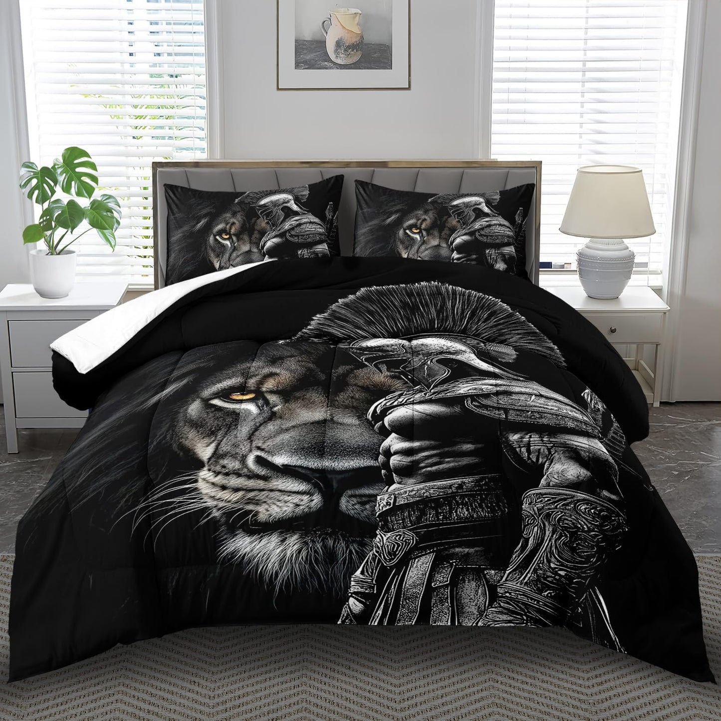 llyxsesty Black Lion Comforter Set Queen Boys Medieval Knight Bedding Set for Teens Animal Comforter Queen Man Quilt Lion Bedroom Decor Medieval Bedding Tiger Bed Decor