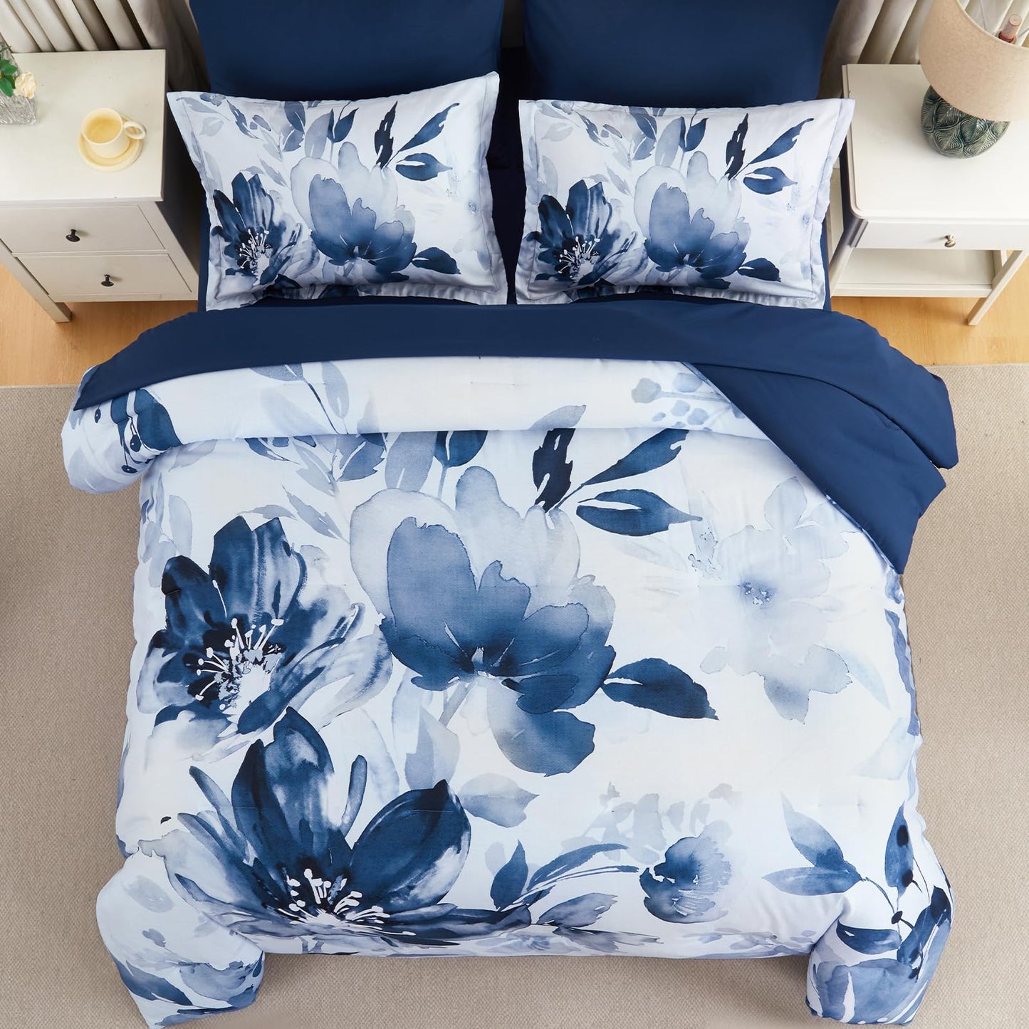 Luxudecor Floral Comforter Set Queen Size, 7 Piece Blue Flower Set Bed in a Bag,Soft Microfiber Farmhouse Shabby Chic Bedding Set for All Seasons(90"x90")