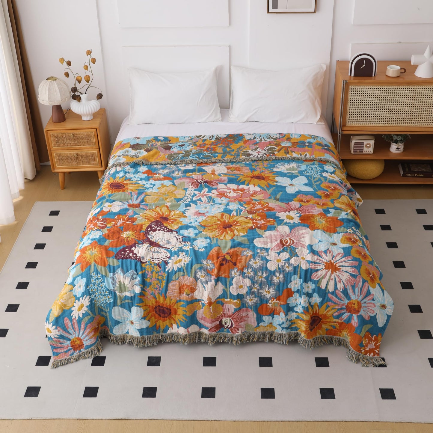 BRYALIX 100% Cotton Muslin Floral Throw Blanket, Butterfly Pattern, Lightweight Quilt, Boho Farmhouse Decorative Fringed Reversible Jacquard Throw for Home, Picnic, Travel, 60"x80"