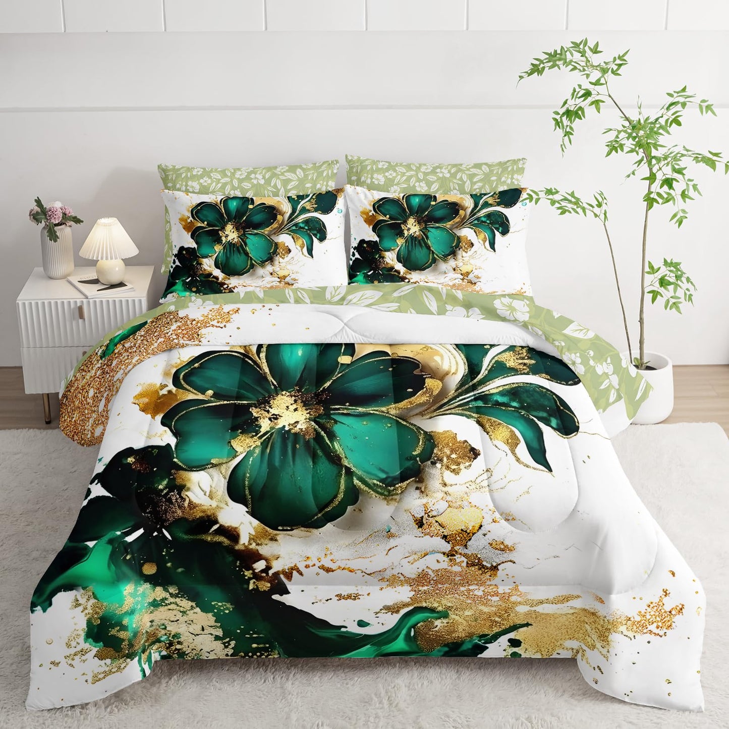 AILONEN Gold Green Floral Comforter Set Full Size,7-Piece Soft Bed in a Bag,Marble Flower Comforter & Fitted Sheet & Flat Sheet & 2 Pillowcases,2 Pillow Shams for Girls Women