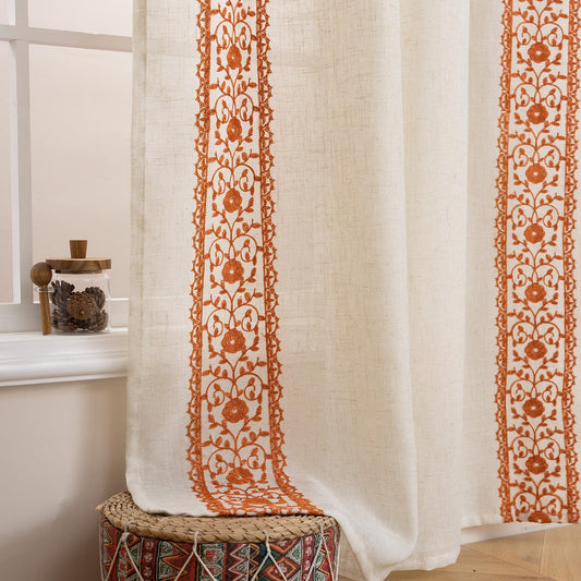ColorBird Linen Curtains Boho Floral Light Filtering Burnt Orange Rustic Embroiderd Cottage Core Patterned Curtain & Drapes 63 Inch for Living Room Decor Bedroom Bathroom Bedroom Window Treatment
