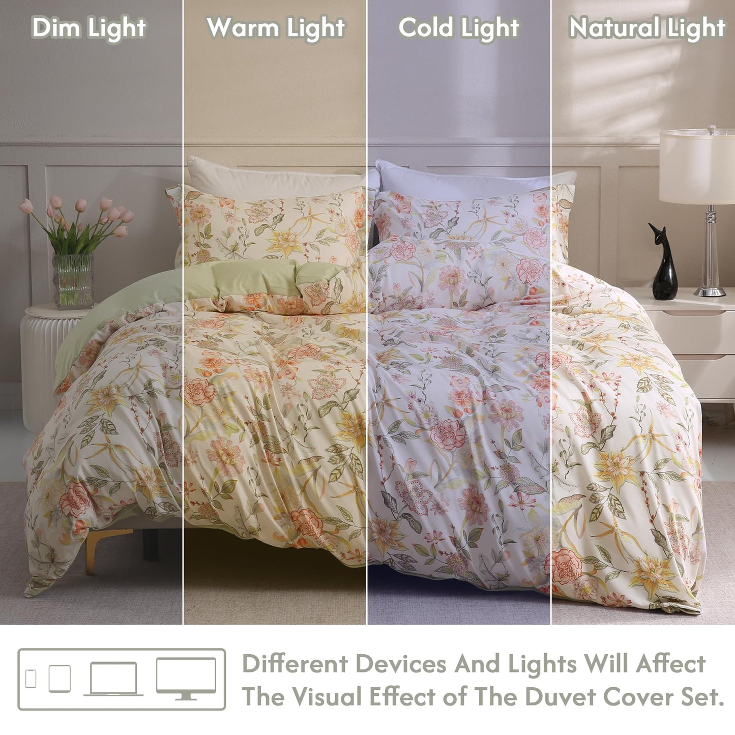 LONAVA Queen Floral 3 Pcs Duvet Cover Set, Breathable Soft Microfiber Glass Green Lining Comforter Cover with Zipper Closure, and 2 Anti-Pilling, Fade Resistant Pillowcases, Fall Floral