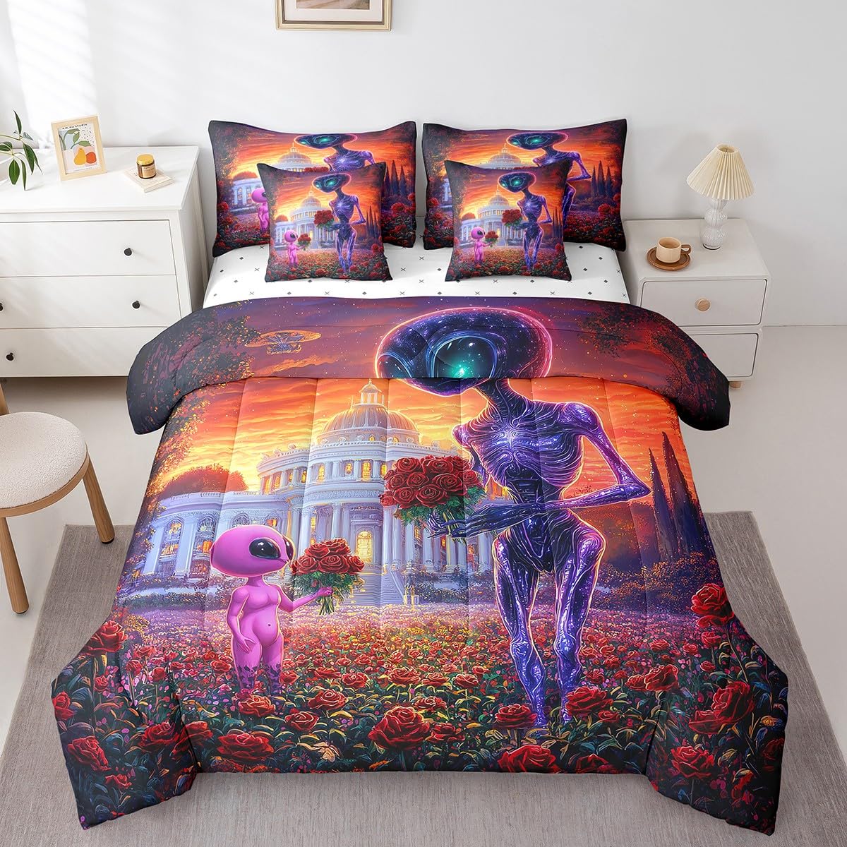 Erosebridal Space Alien Full Size Comforter Set Red Roses Valentine's Day Bed in A Bag for Adults Men Women,Cartoon Alien Couple 7 Piece Bedding Set Romantic Flowers Garden Bed Set