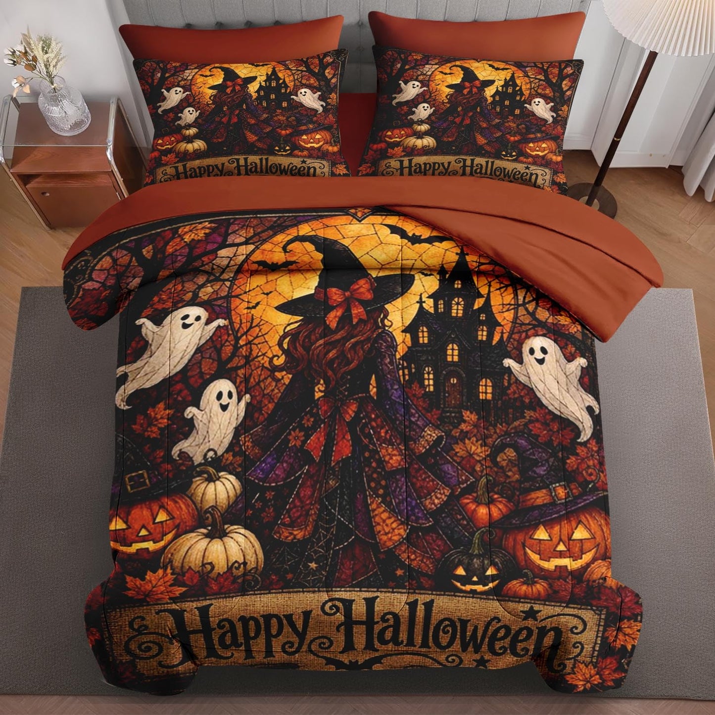 Boewywh Comforter Set Twin Size Halloween Witch Ghost 7 Pcs, Bedding for Kids and Adults, Bed Sheet Sets with Fitted Sheet 2 Pillowcases & 2 Shams for Bedroom Bed Decor