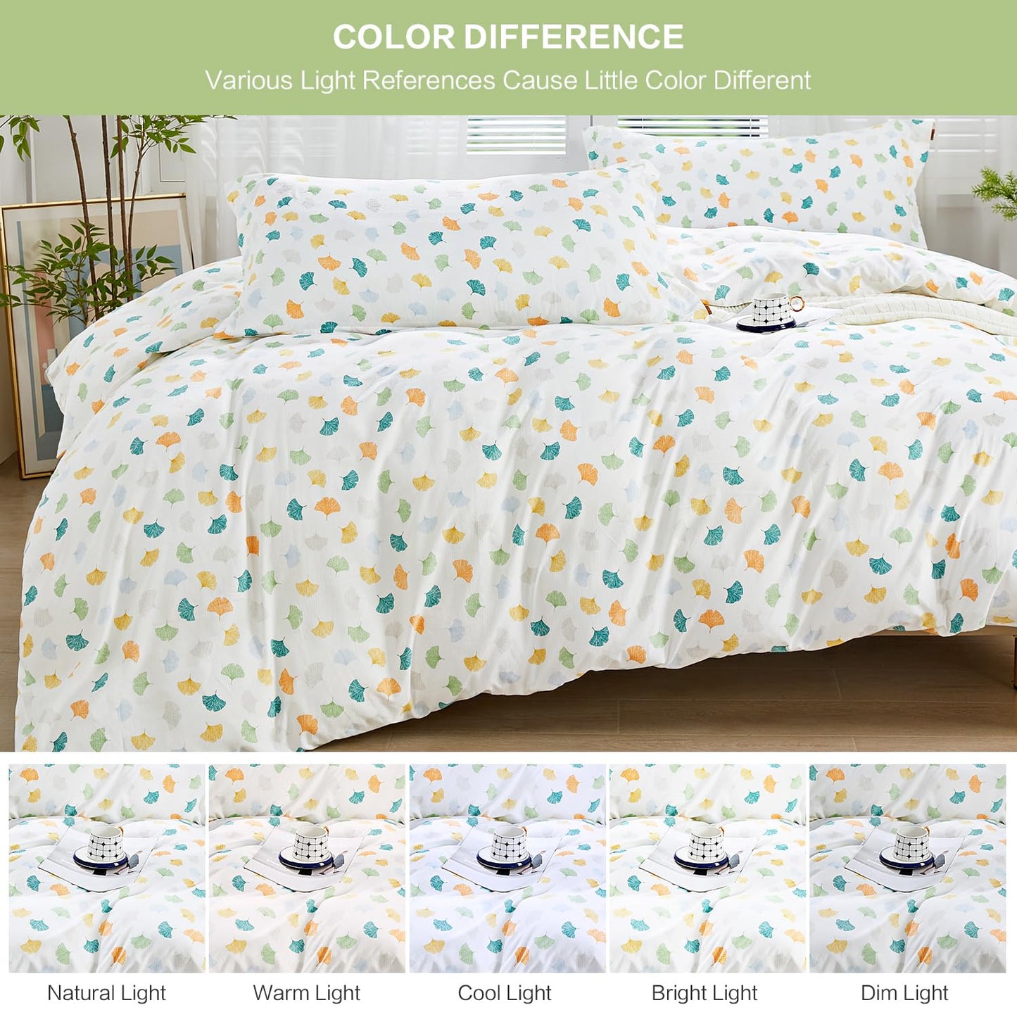 SAPHREAS Autumn Colorful Ginkgo Leaves Duvet Cover Set Soft Microfiber Bedding Set with Zipper Closure 8 Ties Full Size White Comforter Set 3pcs 1 Duvet Cover 2 Pillow Shams