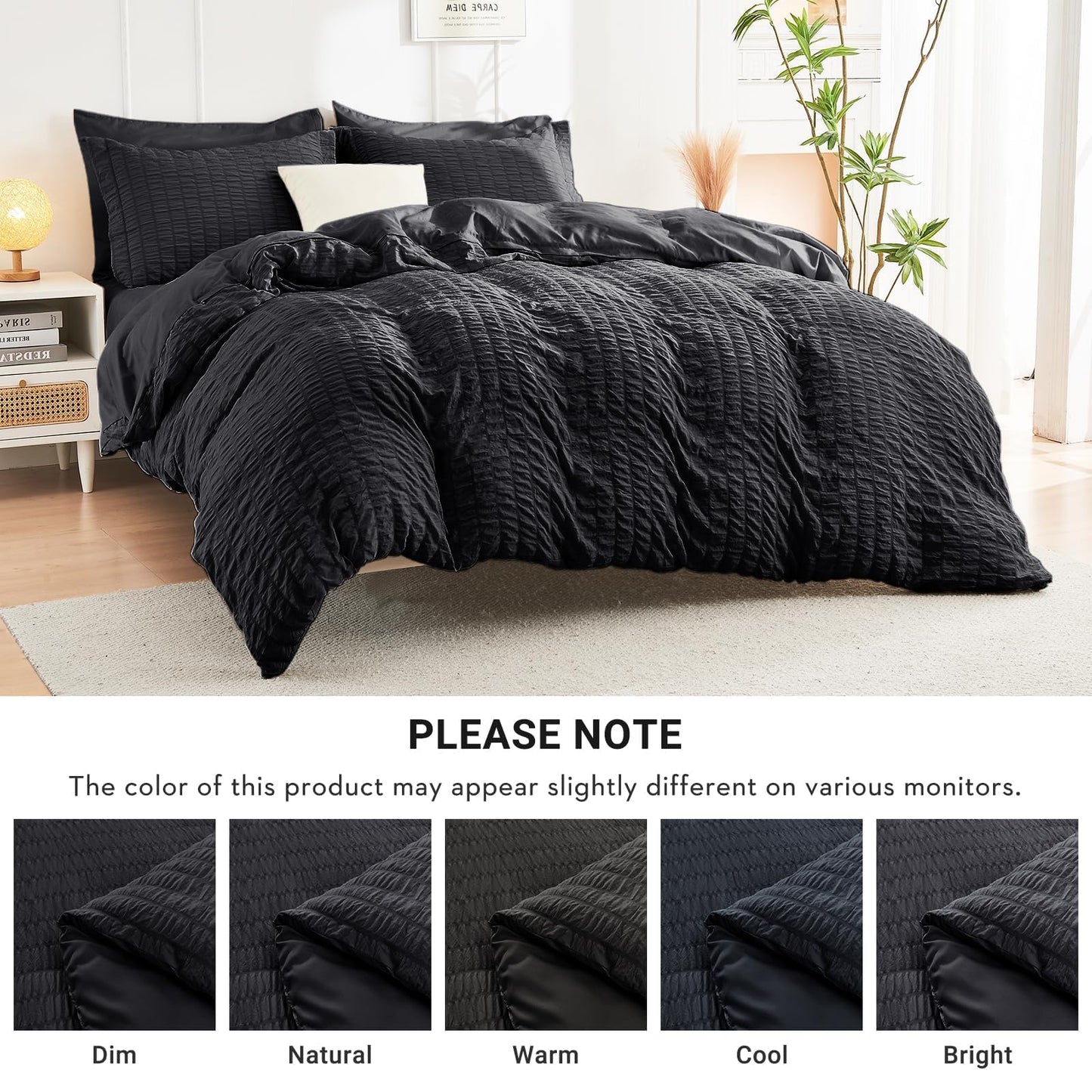 HYMOKEGE Black Oversized Queen Comforter Set Seersucker 7 Pieces, All Season Luxury Bed in a Bag for Bedroom, Bedding Set with Comforter, Sheets, Pillowcases & Shams