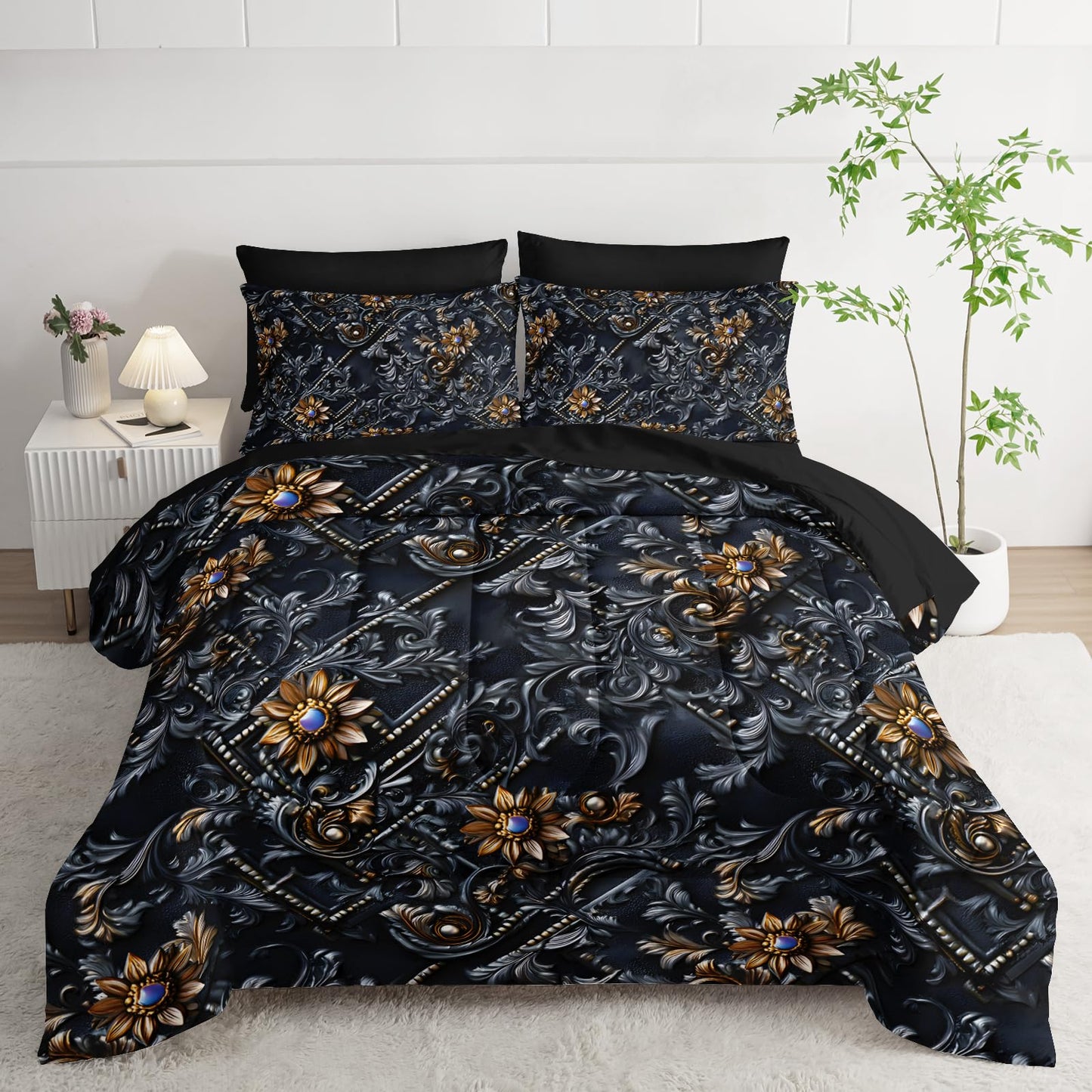 lneffble 7 Piece Black and Gold Baroque Comforter Set Queen，Baroque Queen Bedding，(1 Comforter, 1 Flat Sheet, 1 Fitted Sheet, 2 Pillowcase and 2 Pillow Sham)，Baroque Gothic Bedroom Decor