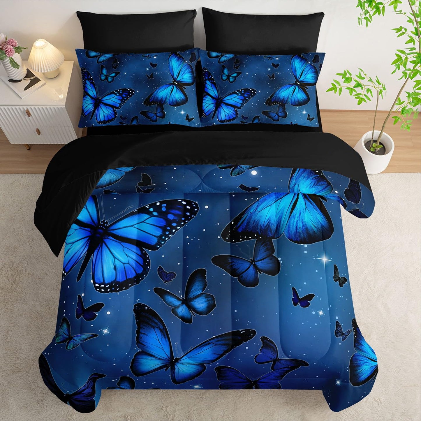 Smell Sunshine 7Pcs Blue Butterfly Comforter Set Animals Printed Bedding Set with 1 Comforter, 1 Flat Sheet, 1 Fitted Sheet and 4 Pillowcases for Boys and Girls Bedroom (Butterfly Twin