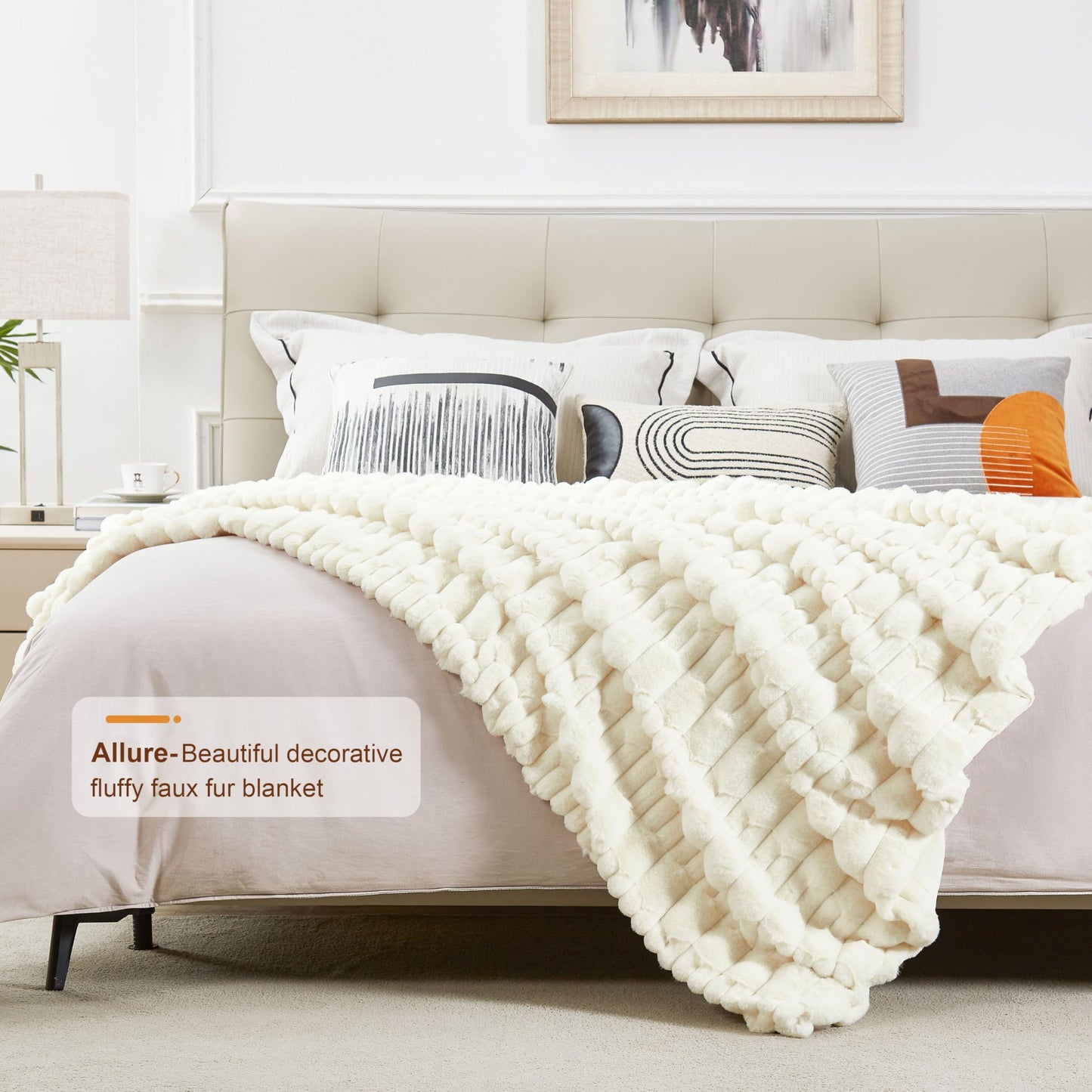 JONIYEAR Soft Fluffy Striped Faux Rabbit Fur Throw Blanket for Couch 50" x 60", Decorative 3D Geometric Warm Fuzzy Fur Blankets for Winter, Reversible Shaggy Cozy Furry Blanket for Sofa, Cream White