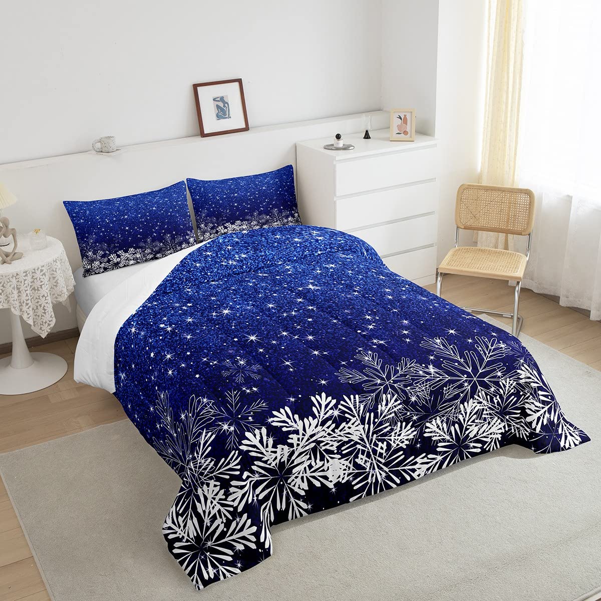 Castle Fairy Blue Glitter Comforter Set Queen Size,Sparkling Star Galaxy Quilt Set Winter Snowflake Bedding Set 3pcs for Girls Kids Women Bedroom Decor,Gradient Ultra Soft Duvet Insert,2 Pillowcases