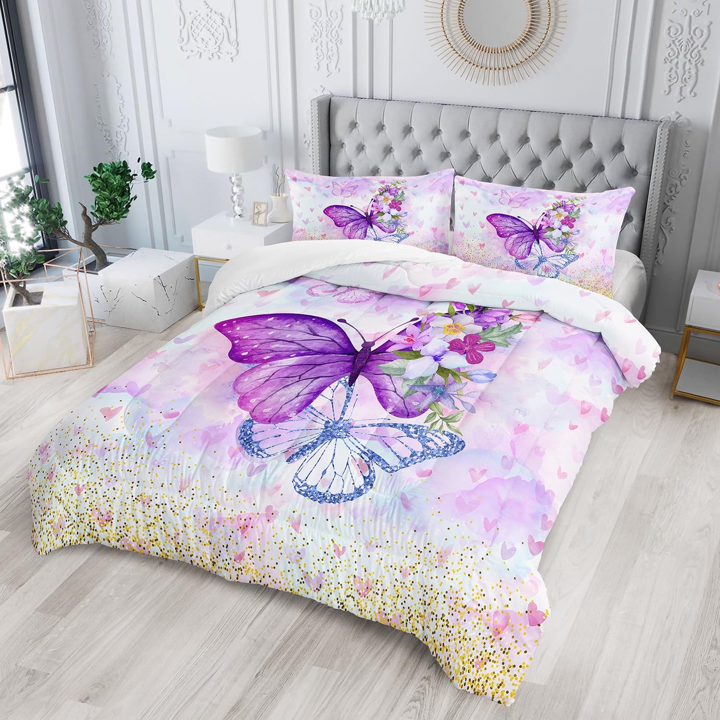 Nttopship Violet Butterfly Comforter Set 3 Pieces Bedding Set for Kids Teen Boys King Size ，Cute Flower Butterfly Bedding Set for Bedroom Soft Microfiber All Season 3pcs(1 Comforter & 2 Pillowcases)