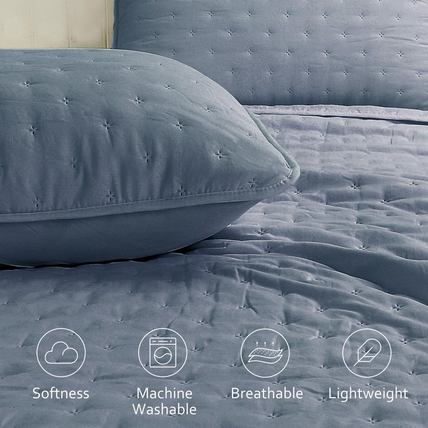 ROARINGWILD Dusty Blue Twin Size Quilt Bedding Set, Lightweight Soft Bedspread, Farmhouse Rustic Country Coverlet, Thin Cloud Comforter for Spring Summer, 1 Pillow Sham, 68x90 inches