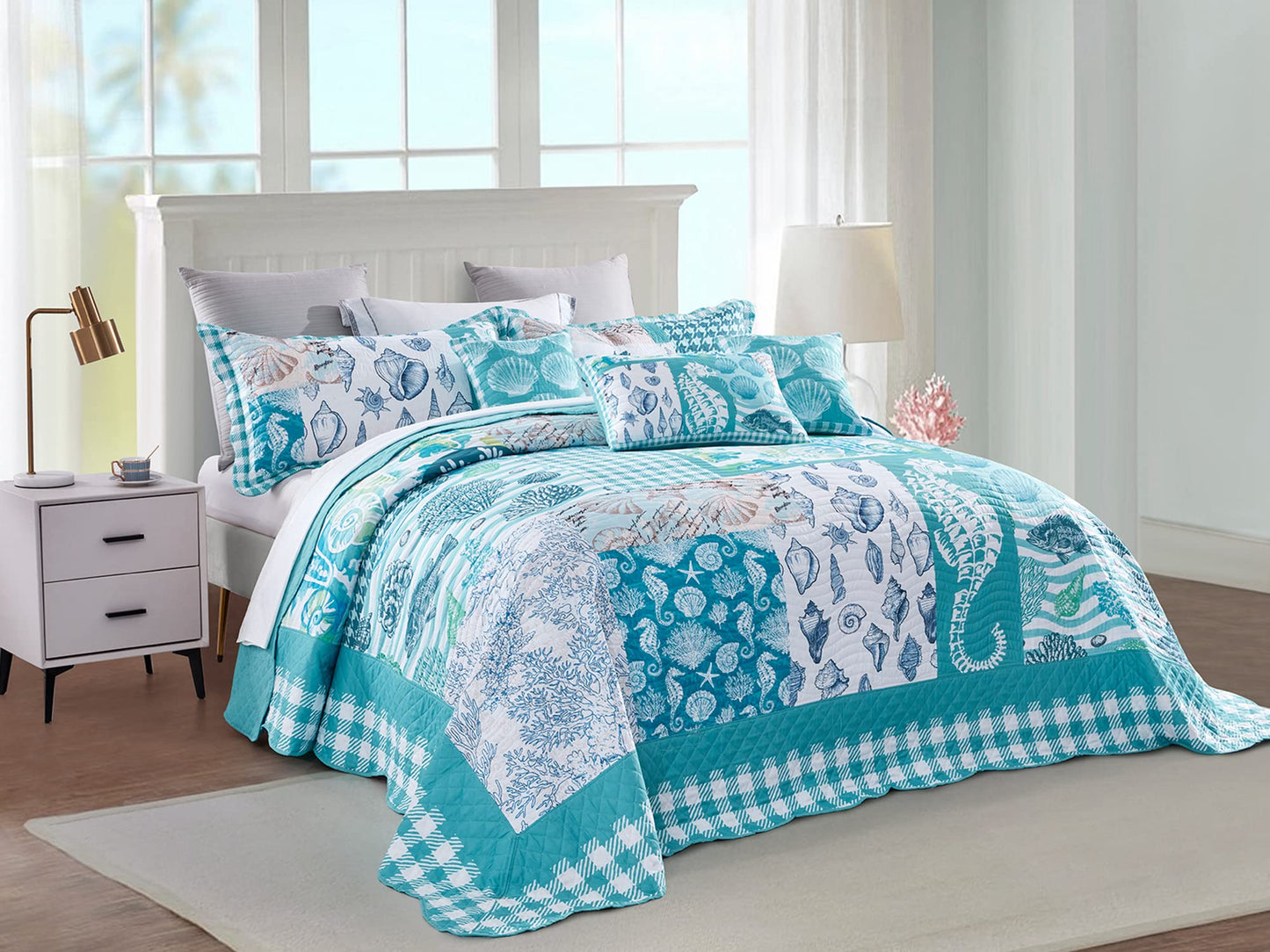 HZ & HY Coastal Oversized King Bedspread 128x120 Extra Wide, Reversible Beach Pattern Quilt Set King/Cal King, Lightweight Coverlet, Scalloped Edge - Nautical Coastal Look, 6 Piece, Seahorse