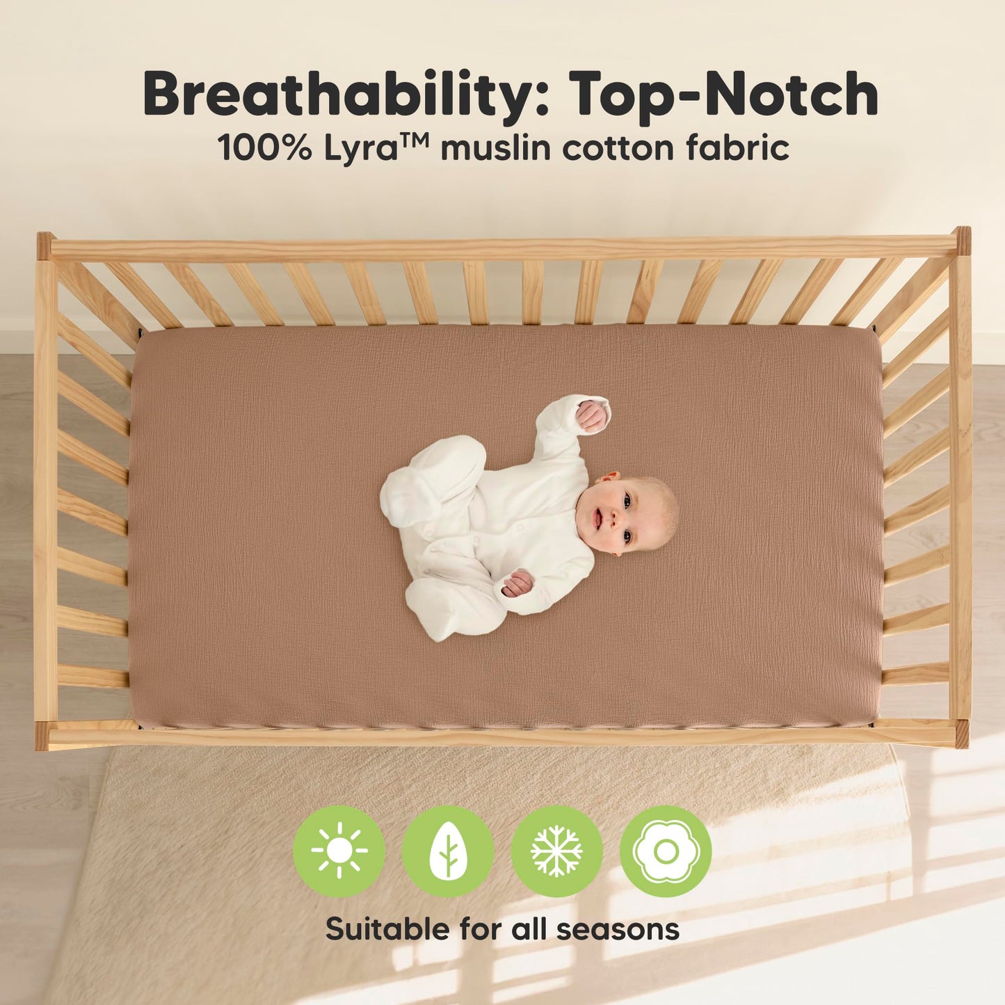 KeaBabies 2-Pack Muslin Crib Sheets for Boys, Girls - 100% Organic Cotton Fitted Baby Crib Mattress Sheet, Soft Breathable Standard Toddler Bed Cover Bedding Set, Neutral, Durable 52x28 (Russet)