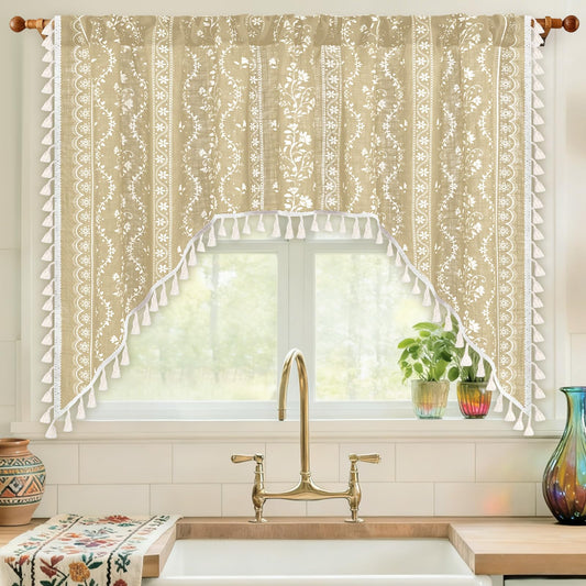 Yinhua Boho Swag Valance Curtains Vintage Linen Valances for Windows Light Filtering Floral Kitchen Valance Rod Pocket Farmhouse Rustic Tassel Window Valances for Bathroom Cafe, 60" W x 36" L, Natural