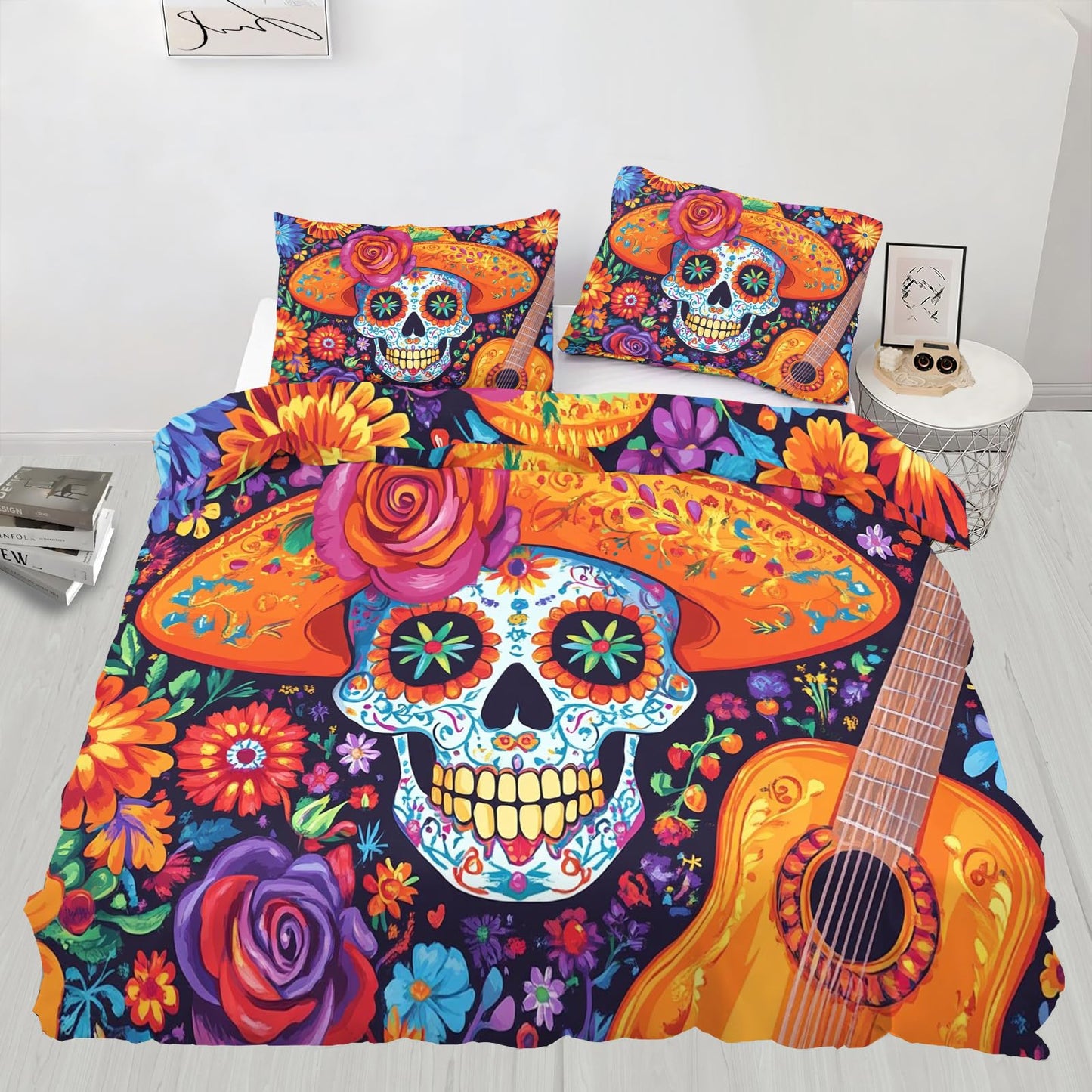 PAISUOQ Sugar Skull Duvet Cover King Size, Mexican Skull Bedding Set, 3 Piece, Soft Microfiber Patterned Comforter Cover with Zipper Ties & 2 Pillowcase, Gothic Hippie Bedroom Decor & Gifts