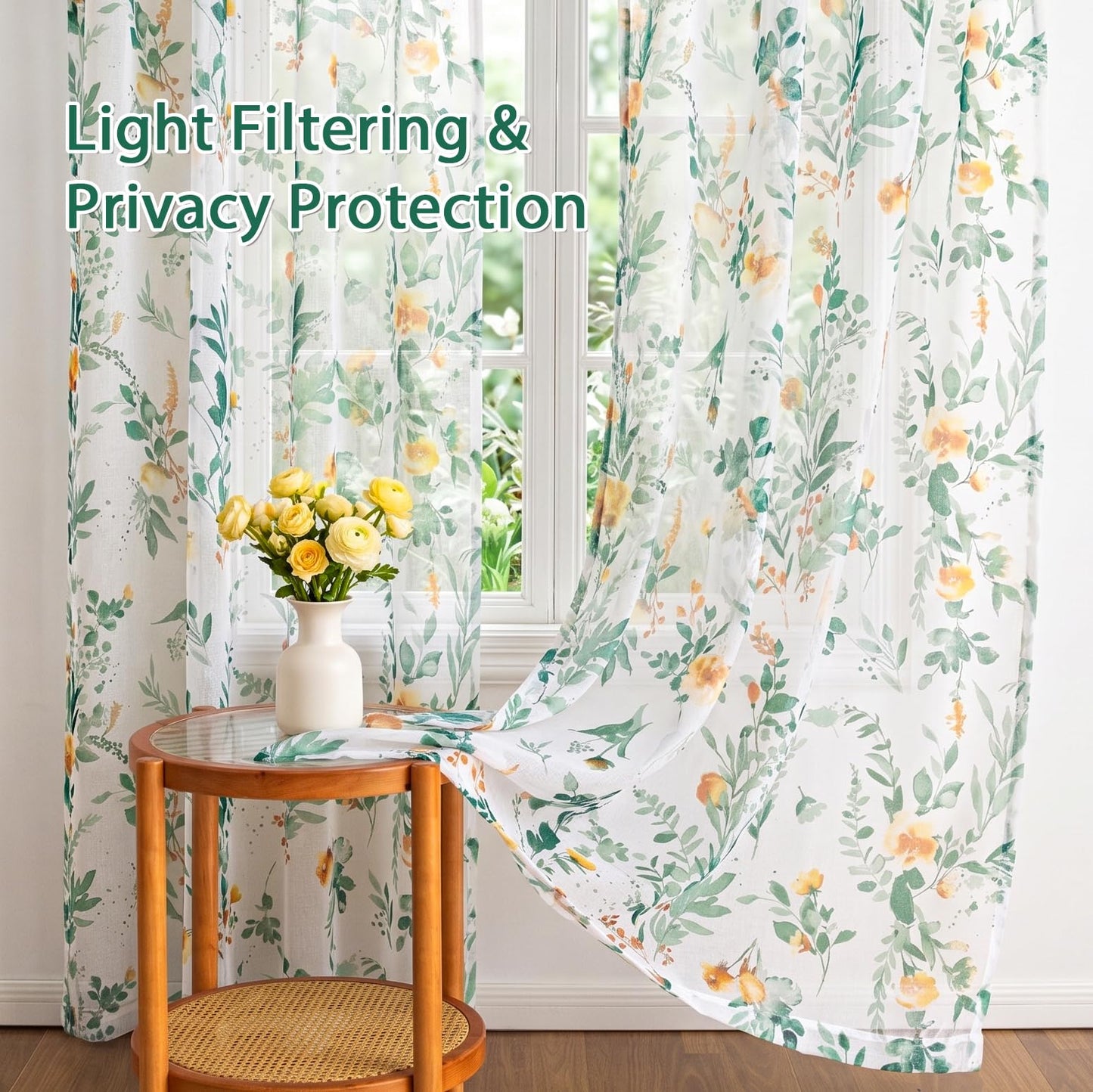 MYSKY HOME Green Sheer Curtains 36 Inches Long 2 Panels Set Country Rustic Floral Design Spring Short Curtains for Windows Rod Pocket Drapes, Each Panel 52" Wide