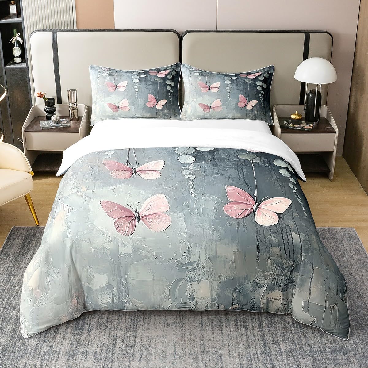 Erosebridal Oil Painting 100% Natural Cotton Bedding Set,Rustic Aesthetics Bed Set,Butterfly Eucalyptus Duvet Cover Twin Size,Wild Animal Plants Quilt Cover with 1 Pillowcase