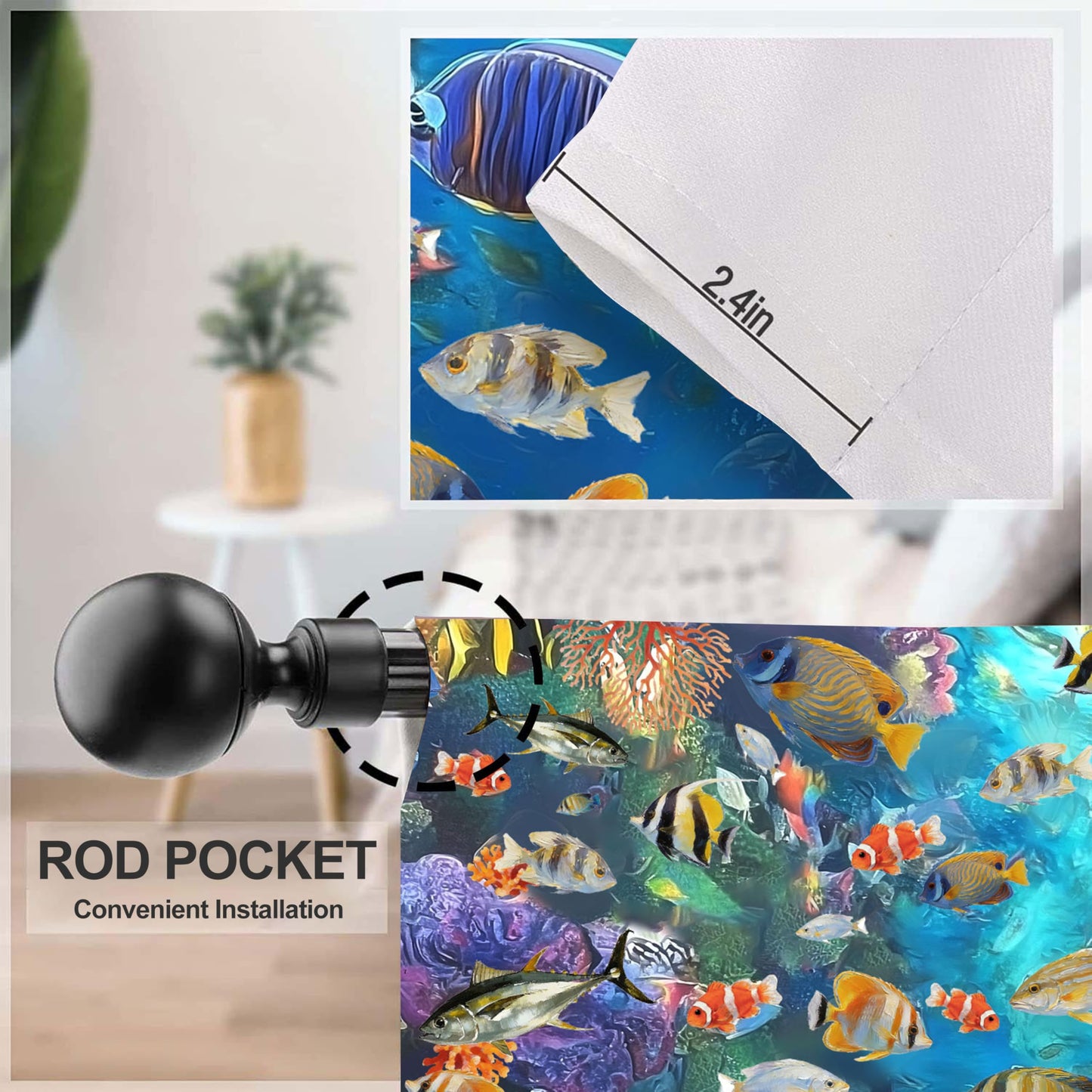 Ecixzyo Fish Kitchen Curtains Short Rod Pocket Drapes Tiers Window Curtains for Basement Bathroom 2 Panels 28x36in