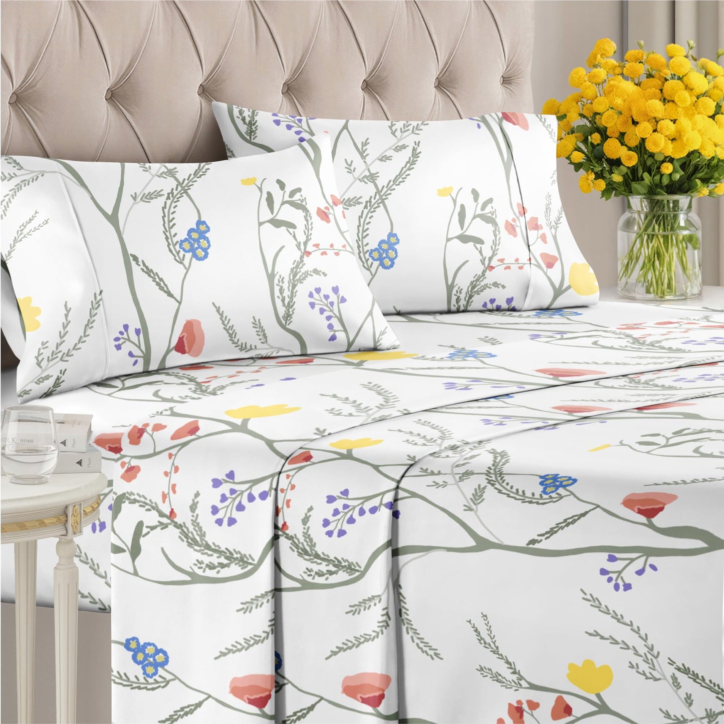 Floral Sheets - Boho Queen Bed Sheet Set - 1 Flat, 1 Fitted & 2 Pillowcases w/ Deep Pockets - Comfy, Wrinkle & Fade Free - Boho Botanical Bedding - Ultra-Soft, Breathable & Cooling - Queen Size Set