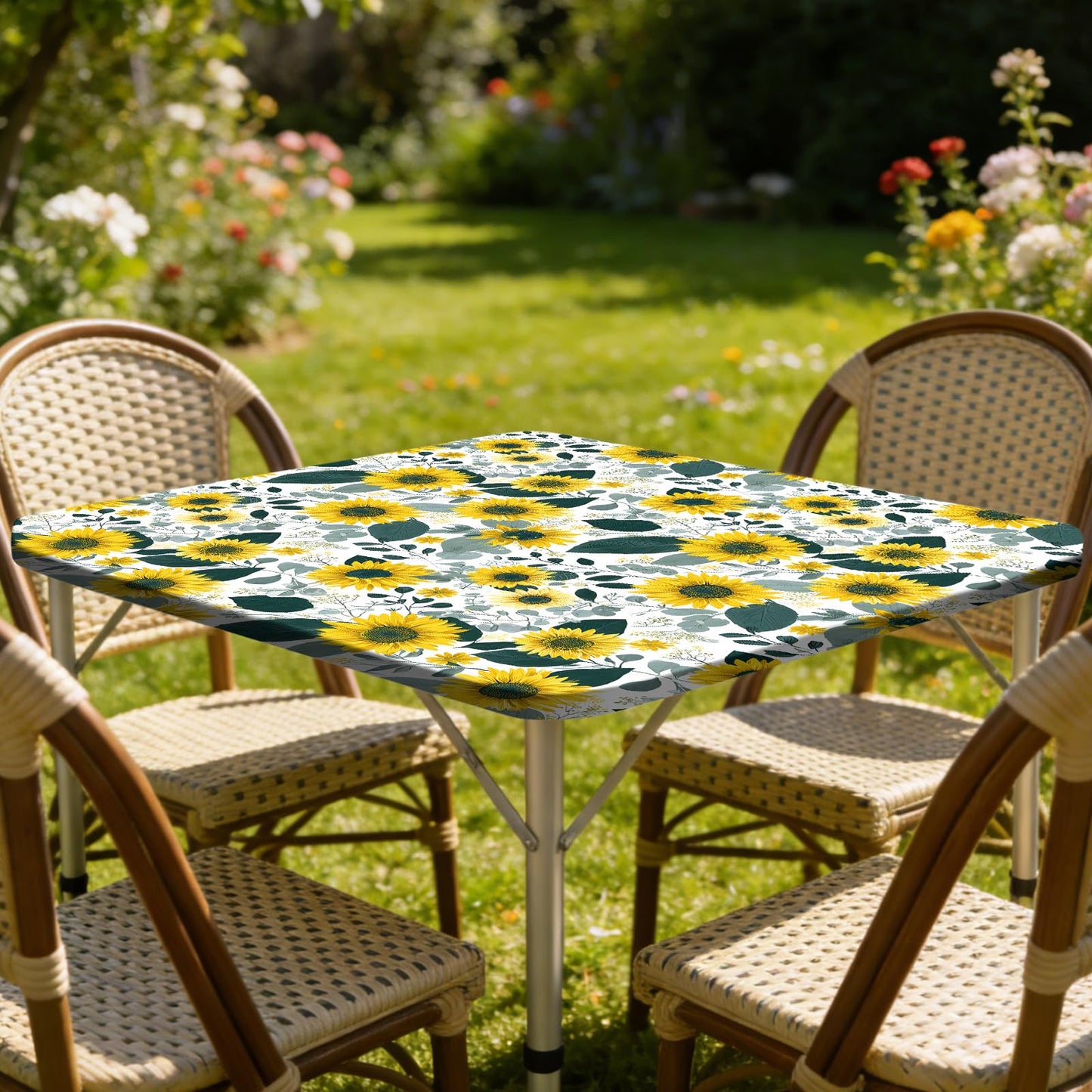 ARTSGOO Square Fitted Tablecloth with Elastic Edge Design Table Cover Waterproof Stain-Resistant Wipeable Table Cloth for Kitchen Dining Picnic Patio Outdoor Party Sunflower 34X34 Inch