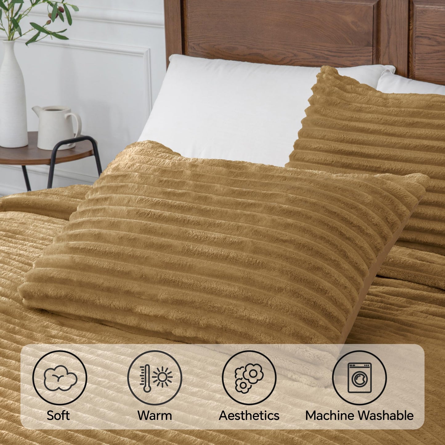 BEDELITE Fleece Queen Comforter Set -Super Soft & Warm Fluffy Brown Bedding, Luxury Fuzzy Heavy Bed Set for All Season with 2 Pillow Cases
