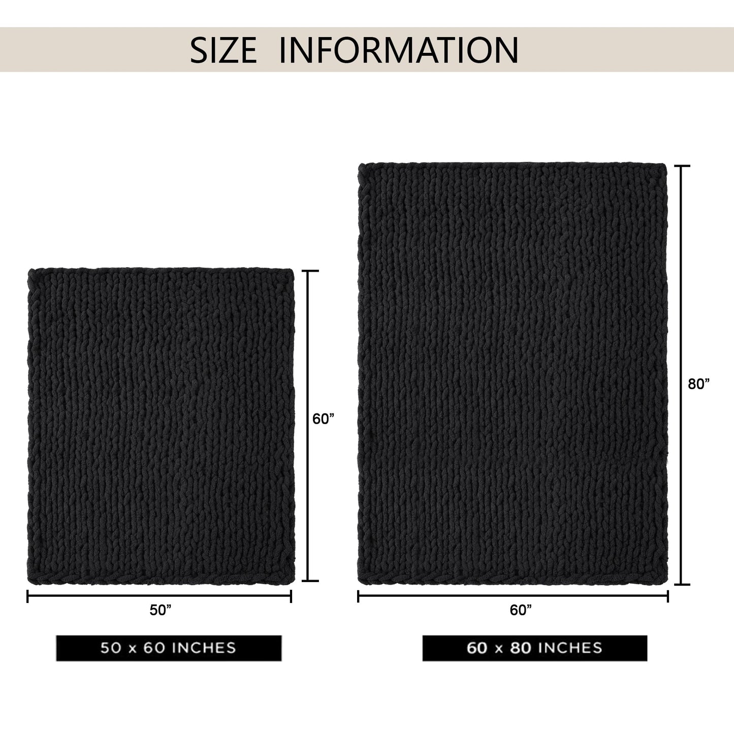 LONG CREATE Chunky Knit Throw Blanket 50"X 60", 100% Handmade with Soft Chenille Yarn, 4.4lbs Thick Cable Knitted Blankets, Large Rope Knot Crochet Throws for Couch Sofa Bed Home Decor, Black