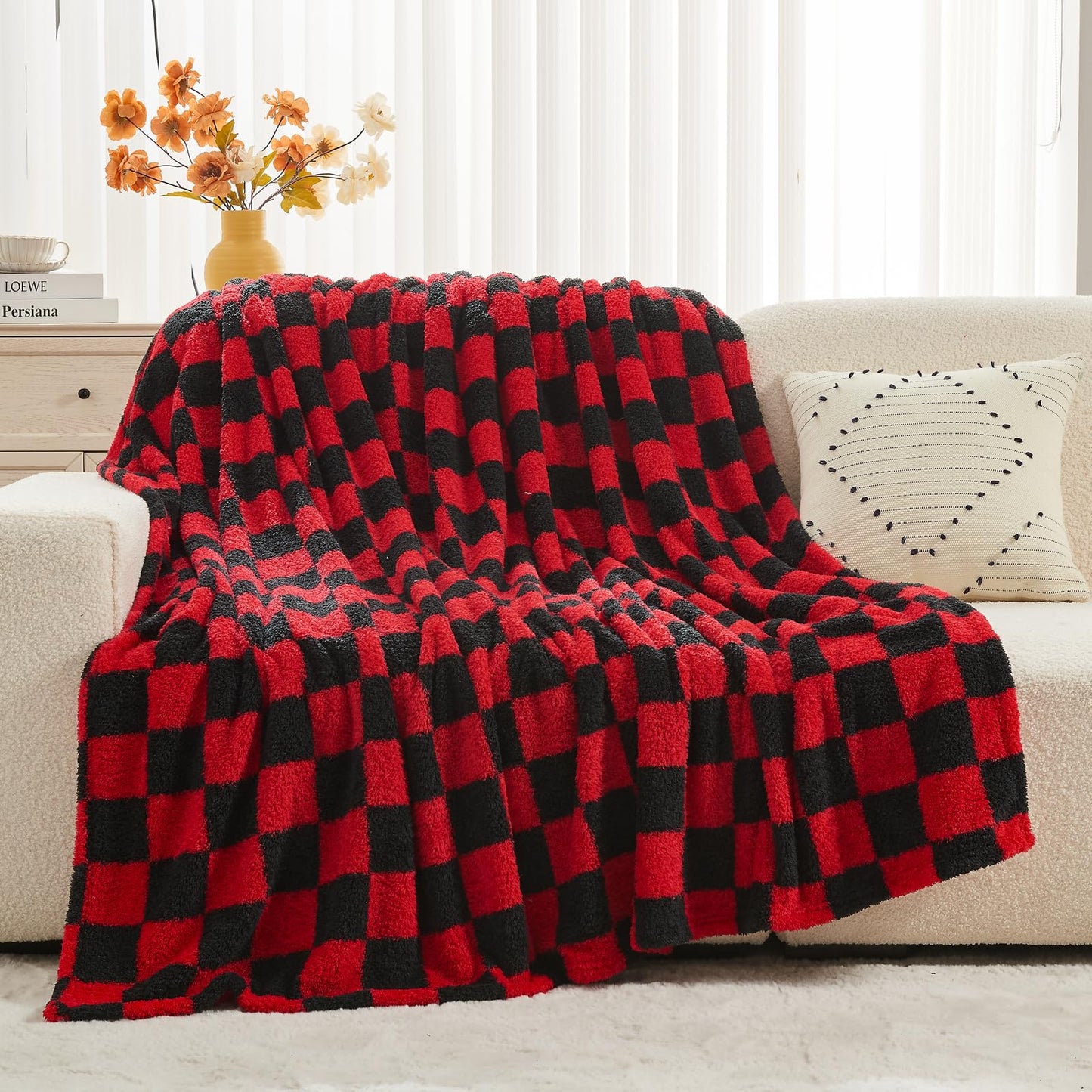 NEWCOSPLAY Knitted Red Black Checkered Blanket Super Soft Plush Throw for Couch Fuzzy Fluffy Microfiber Lightweight Blanket for Bed Sofa All Season Use (Red Black, Throw(50"x60"))