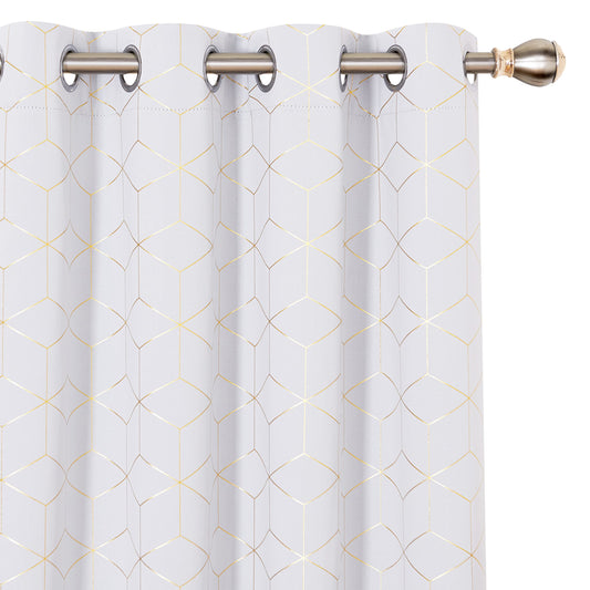 Deconovo Grommet Blackout Curtains, Room Darkening Gold Diamond Drapes, 2 Panels, White, 52W x 84L Inch, for Bedroom and Living Room
