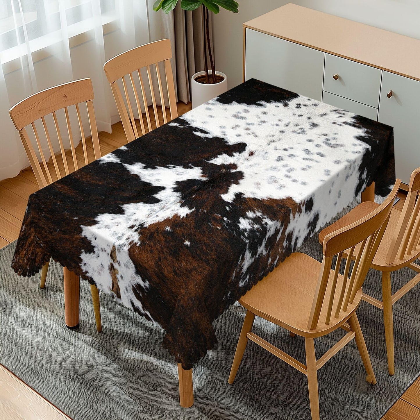 GOUROISE White and Brown Cow Print Rectangular Tablecloth, Animals Skin 54x72 Inch Wavy Lace Border Polyester Table Cloth for Dining, Kitchen, Parties