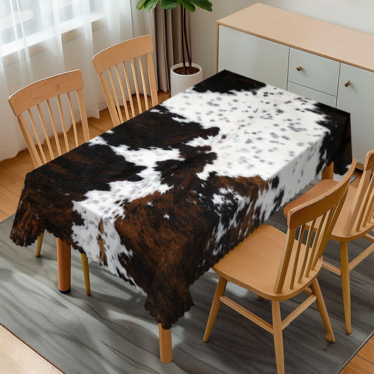 GOUROISE White and Brown Cow Print Rectangular Tablecloth, Animals Skin 54x72 Inch Wavy Lace Border Polyester Table Cloth for Dining, Kitchen, Parties