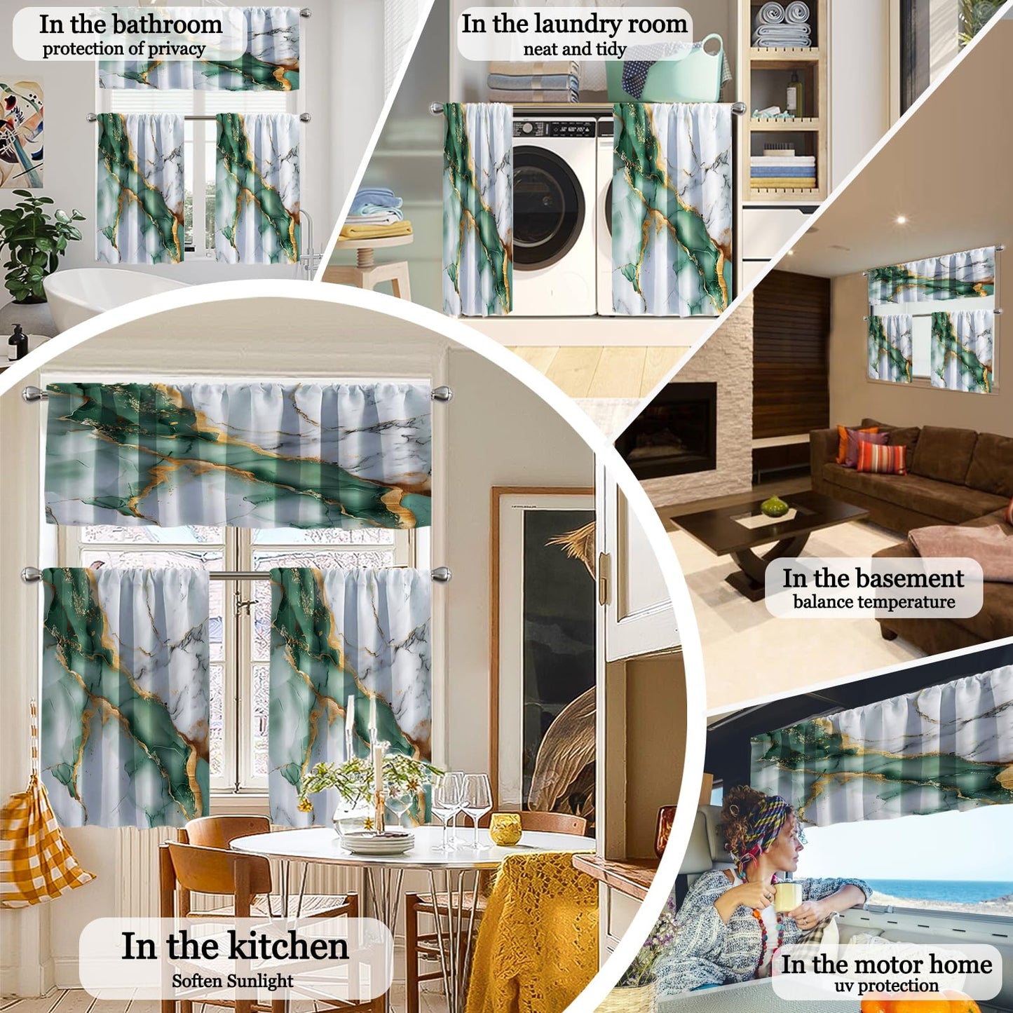 KINUUIS Green Marble Blackout Kitchen Window Tier Curtains and Valance Set, 52 x 36 Inch Abstract Art Window Curtains Set with Rod Pocket for Small Windows, Living Room or Bathroom