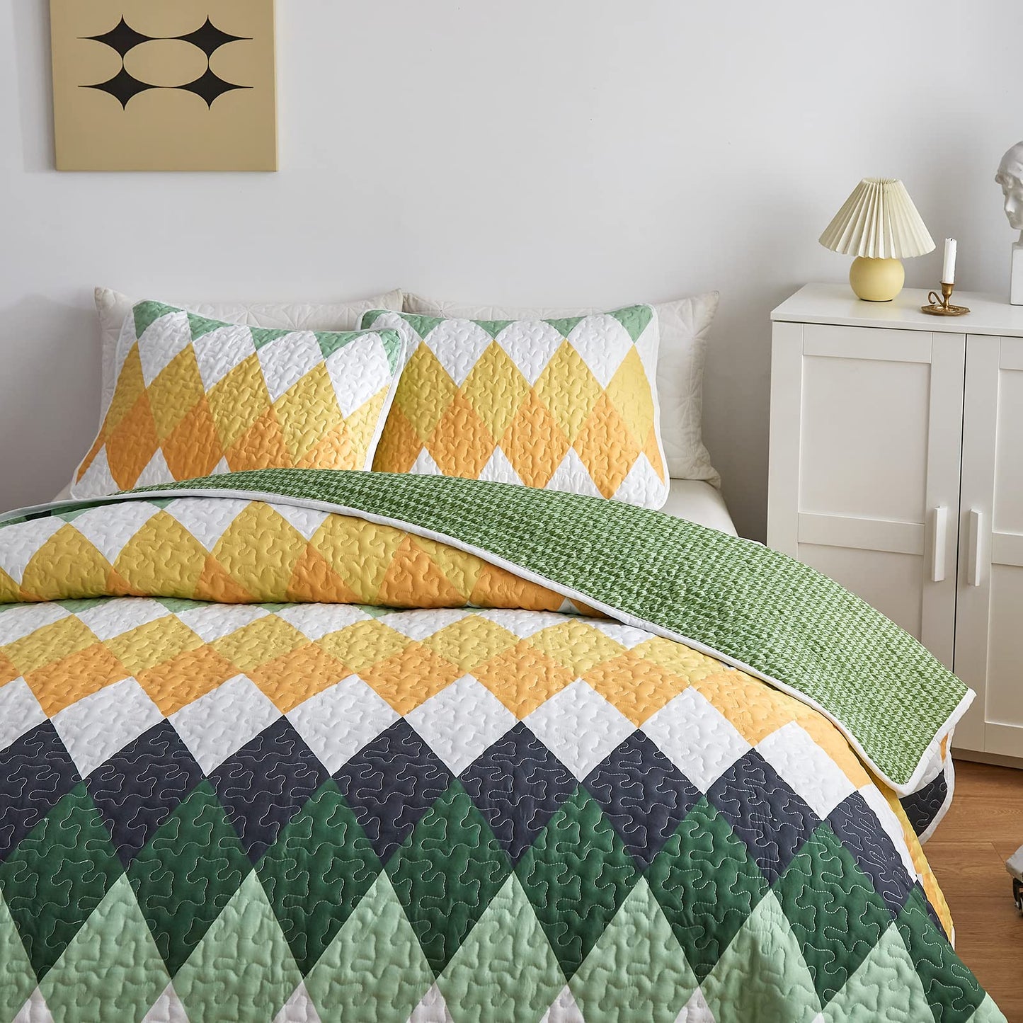 Yellow Green Rhomb Plaid Quilt Set 3pc Queen Size Reversible Coverlet Bedspread Set Soft Microfiber Lightweight Summer Quilt Bedding Set Bed Cover for All Season 88x88