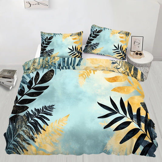 PAISUOQ Tropical Leaves Duvet Cover Full, Eucalyptus Leaves Bedding, Watercolor Plant Comforter Cover with 2 Pillow Cases, 3 Pieces with Zipper & Ties, Bedroom Decor & Gifts