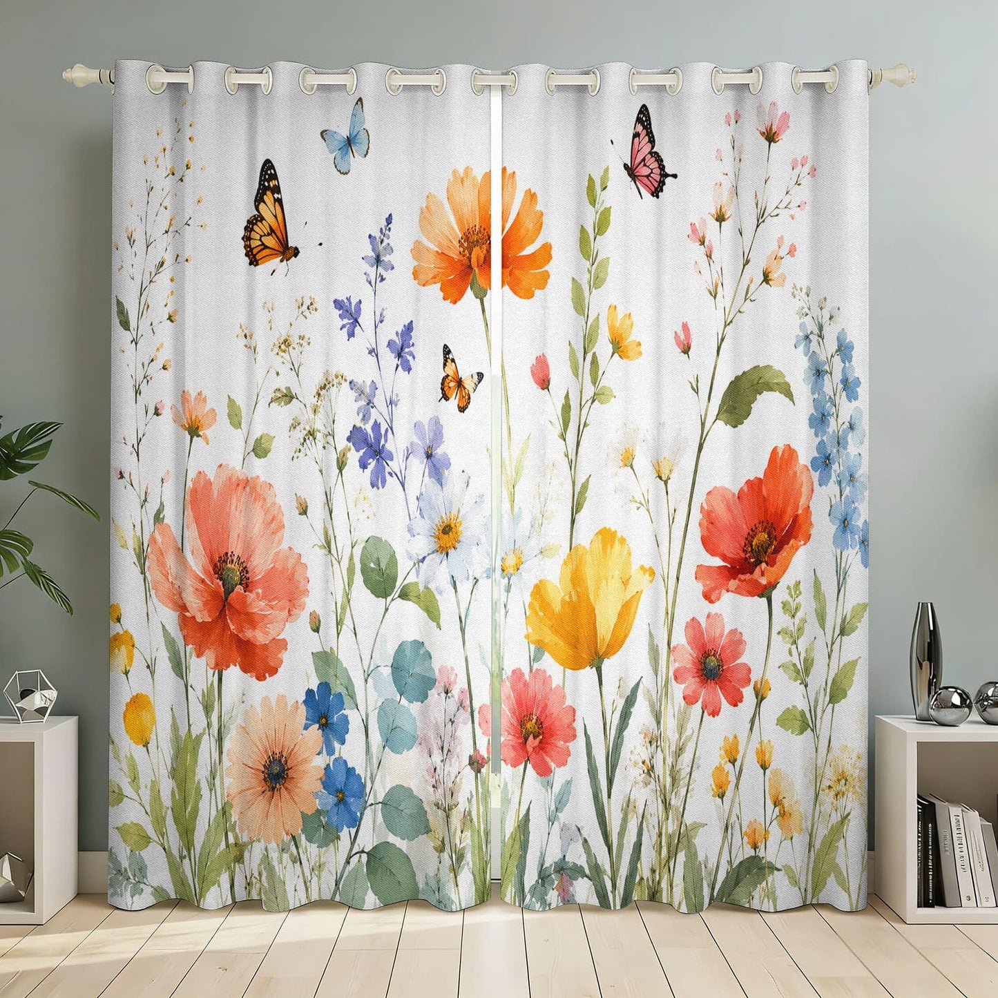 Spring Watercolor Wildflower Butterfly Blackout Curtains, 2 Panels, 29.5"W x 63"L, Colorful Meadow Floral Window Drapes, Thermal Insulated Darkening Botanical Curtains for Bedroom Nursery Living Room